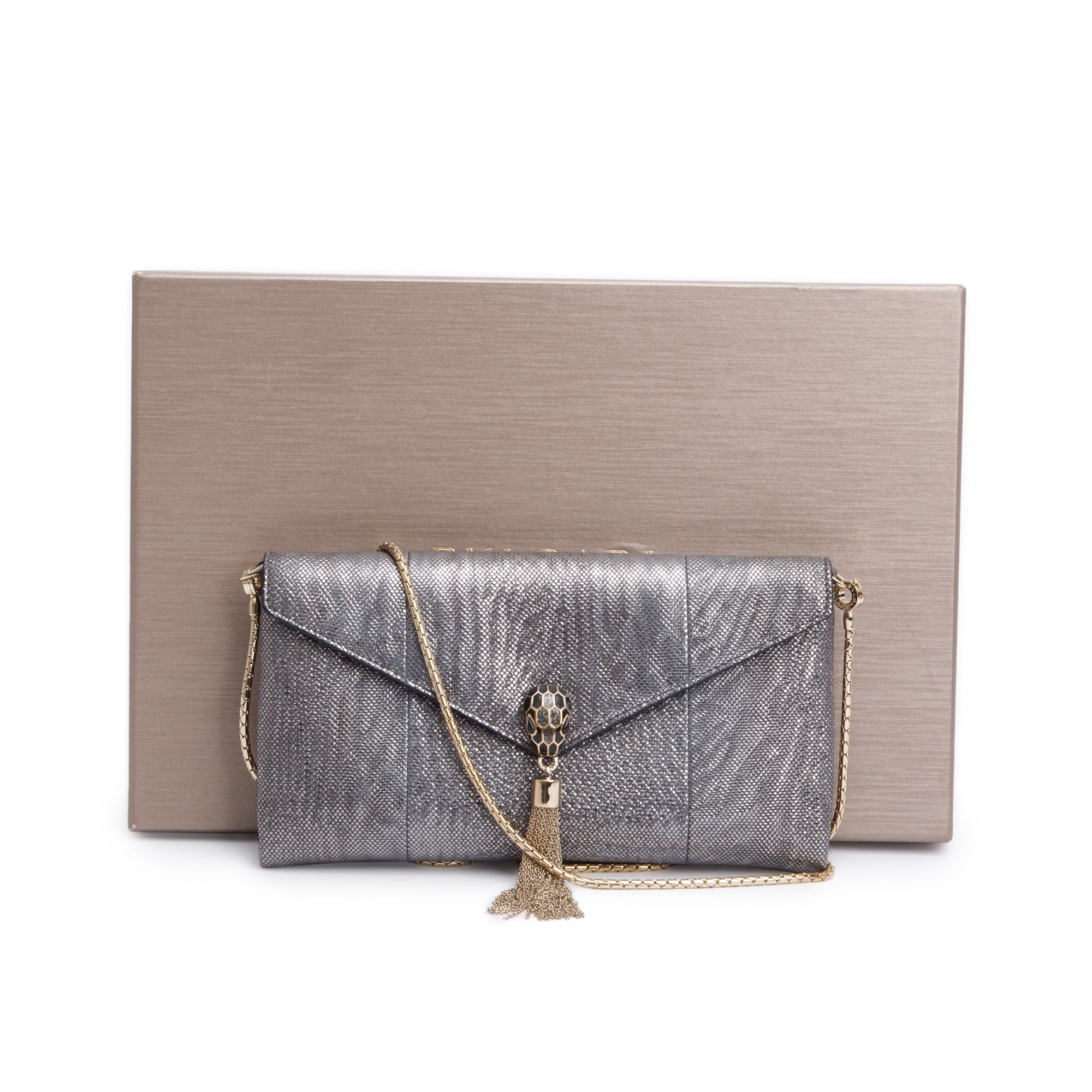 BVLGARI Grey Karung Serpenti Tassel Clutch Bag w/ Strap, Box & Authenticity Card
