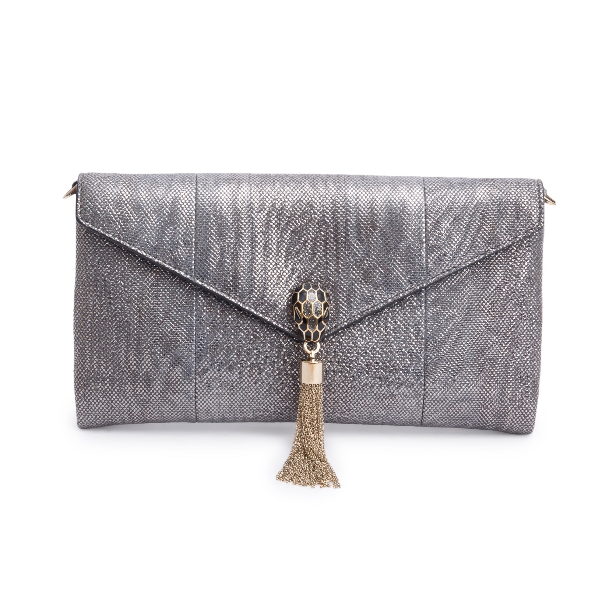 BVLGARI Grey Karung Serpenti Tassel Clutch Bag w/ Strap, Box & Authenticity Card