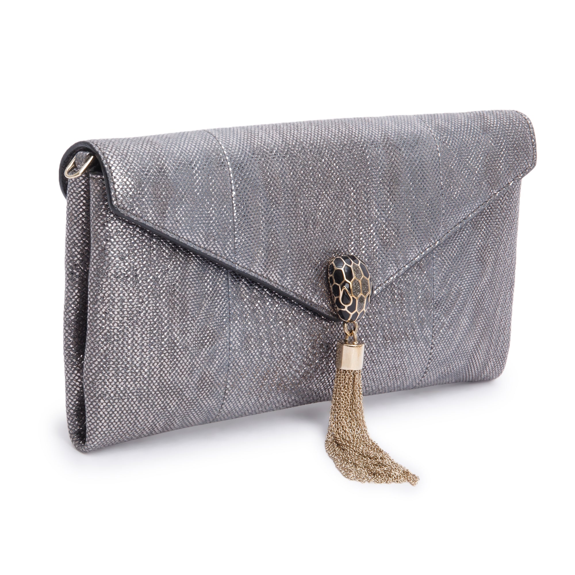 BVLGARI Grey Karung Serpenti Tassel Clutch Bag w/ Strap, Box & Authenticity Card