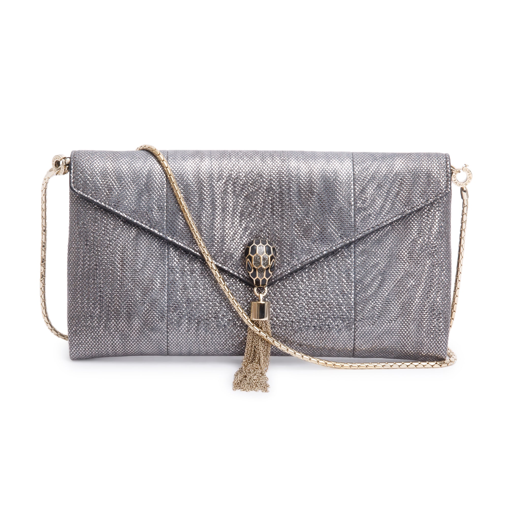 BVLGARI Grey Karung Serpenti Tassel Clutch Bag w/ Strap, Box & Authenticity Card