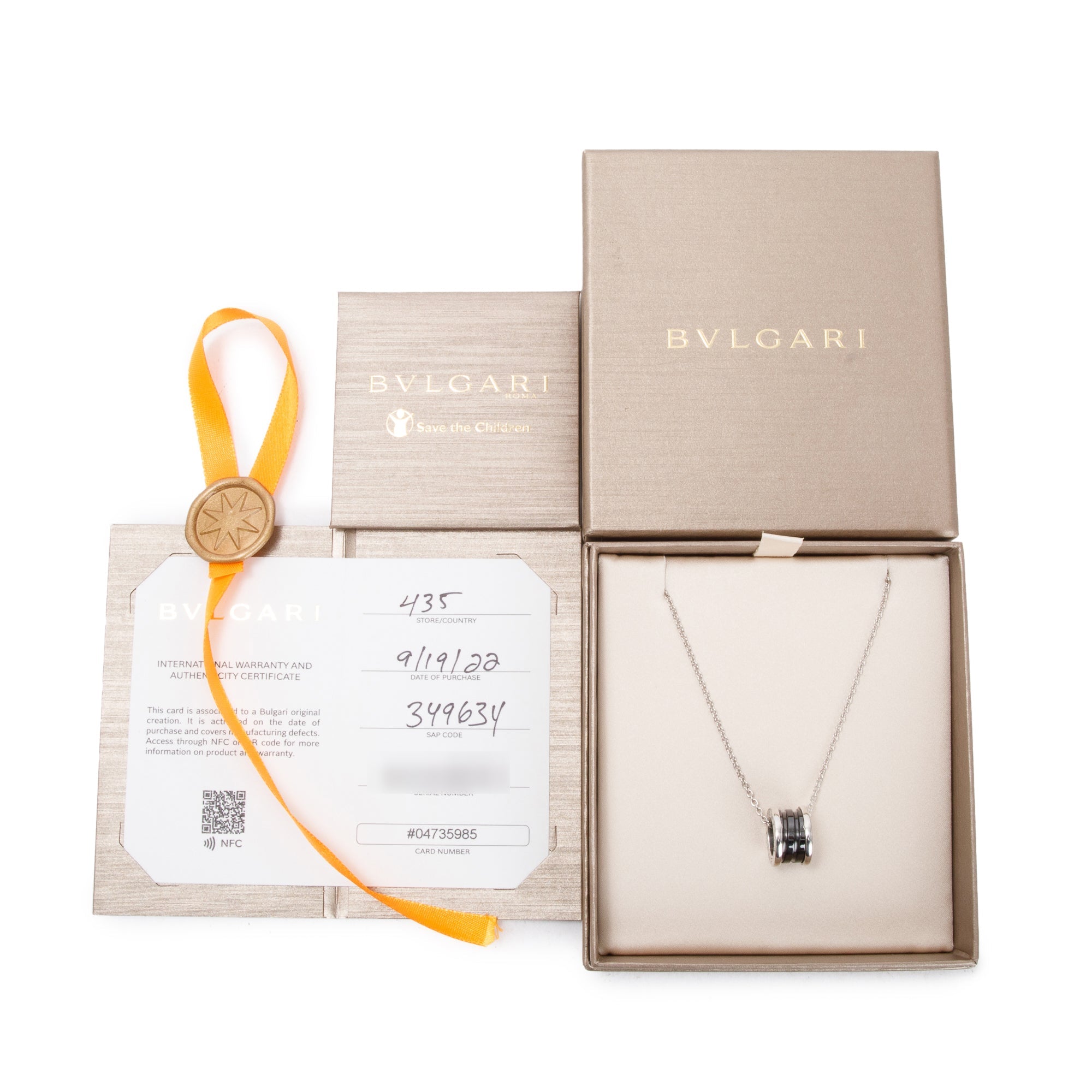BVLGARI Sterling Silver & Black Ceramic Save The Children Pendant Necklace w/ Box, Certificate & Receipt