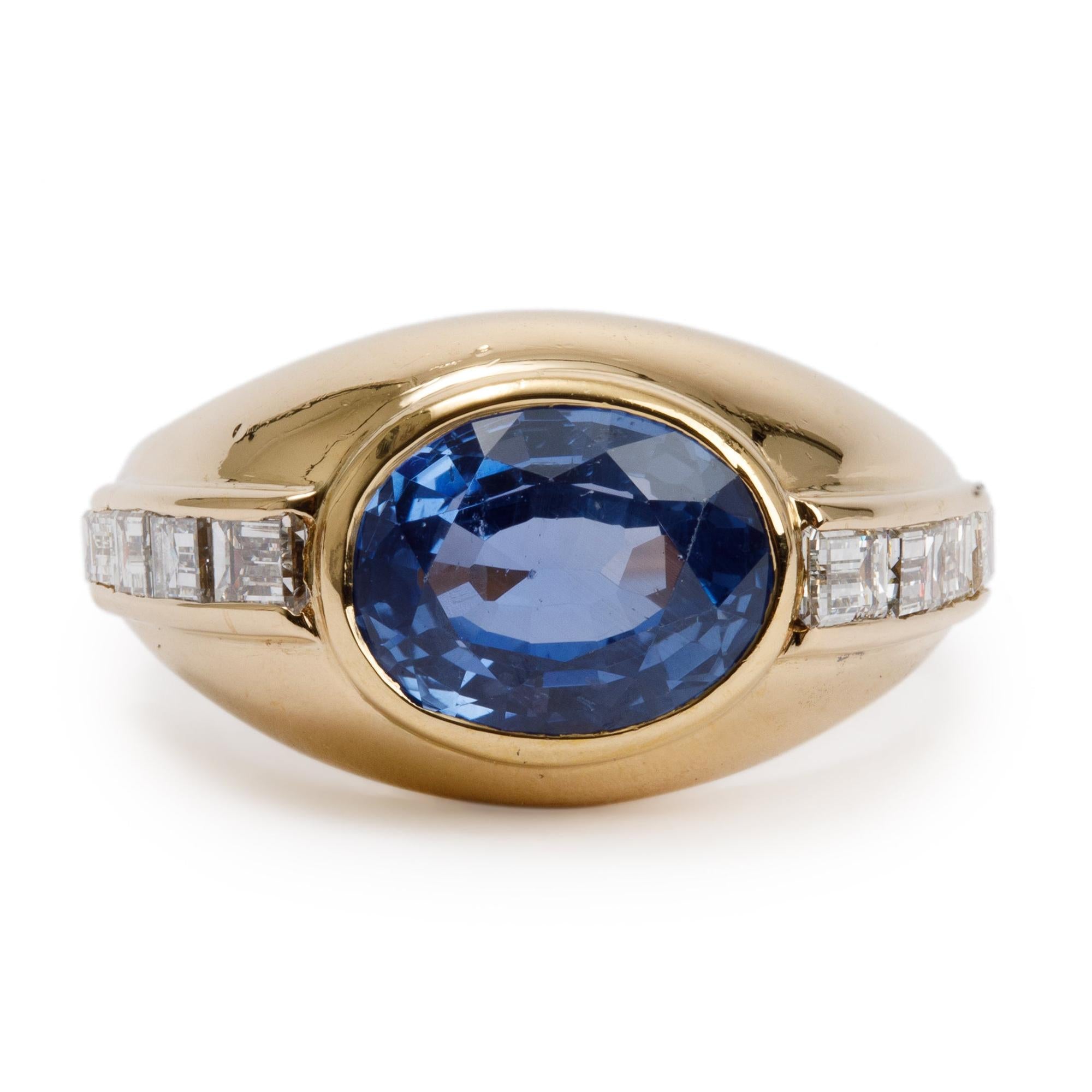 BVLGARI Vintage 18k Yellow Gold Blue Sapphire & Diamond Ring, Size 9