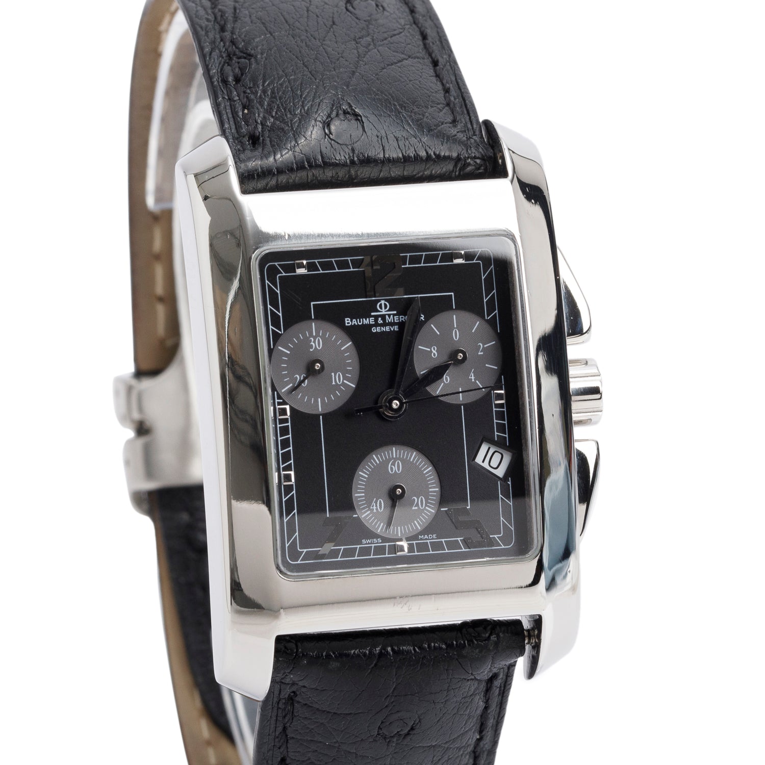 Baume & Mercier Stainless Steel Hampton Chronograph Quartz Watch Black Dial w/ Ostrich Strap
