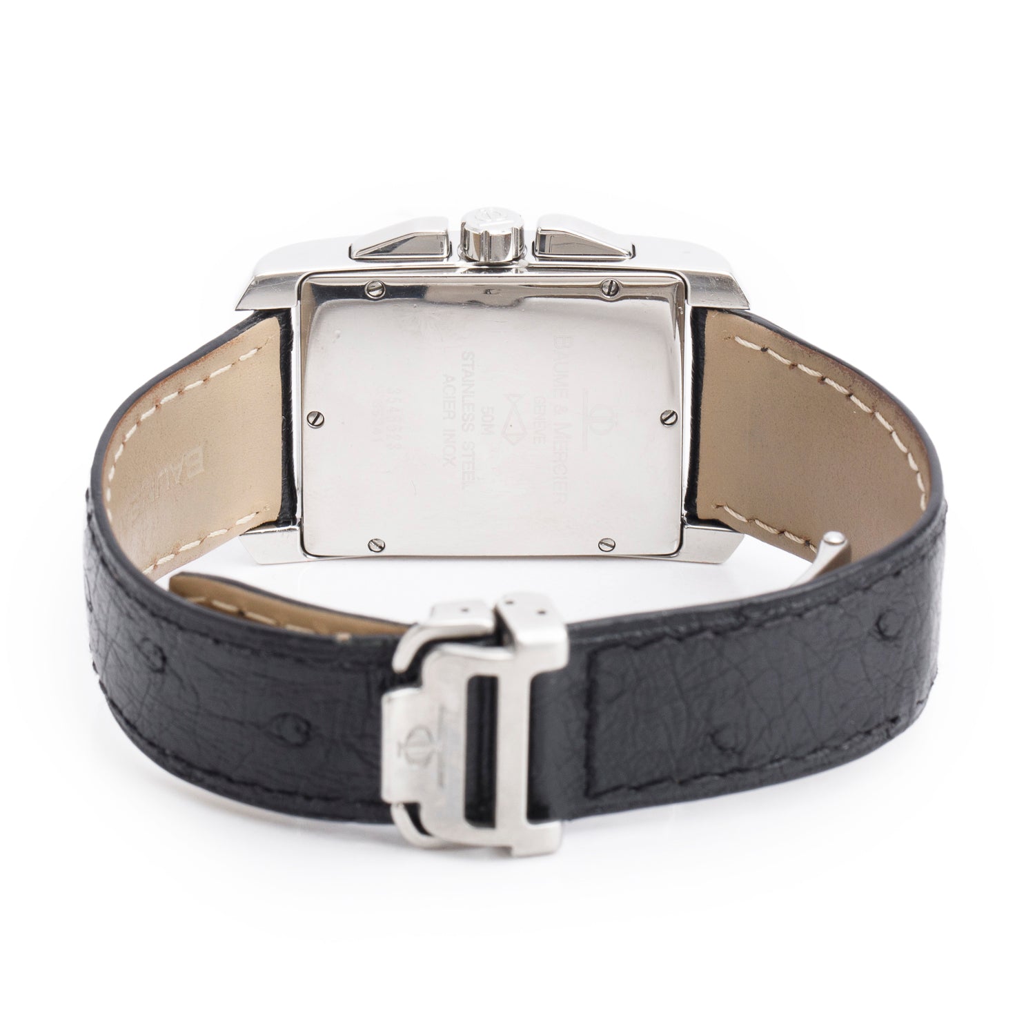 Baume & Mercier Stainless Steel Hampton Chronograph Quartz Watch Black Dial w/ Ostrich Strap