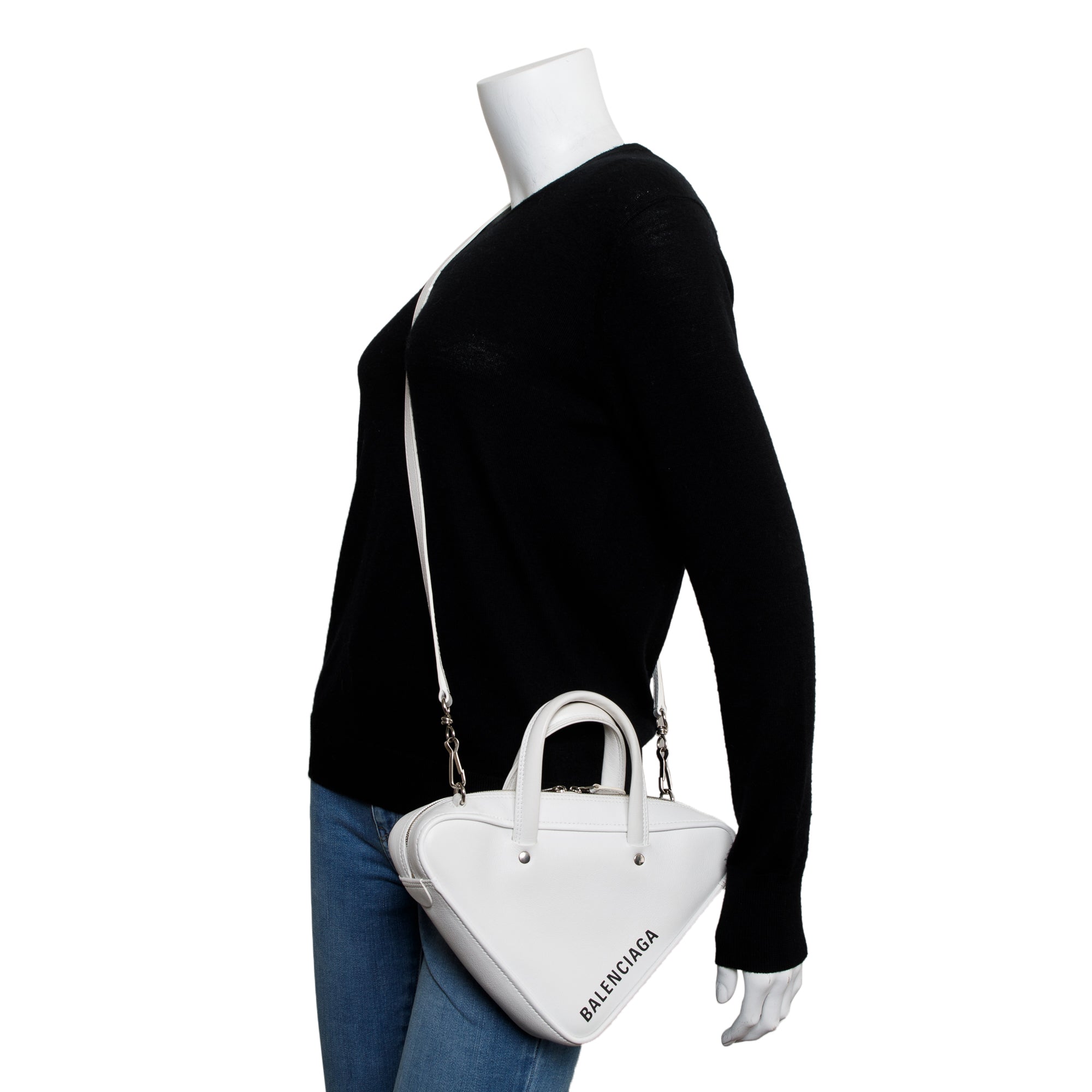 Balenciaga 2020 White Calfskin Leather Triangle S Duffle Bag w/ Strap & Receipt