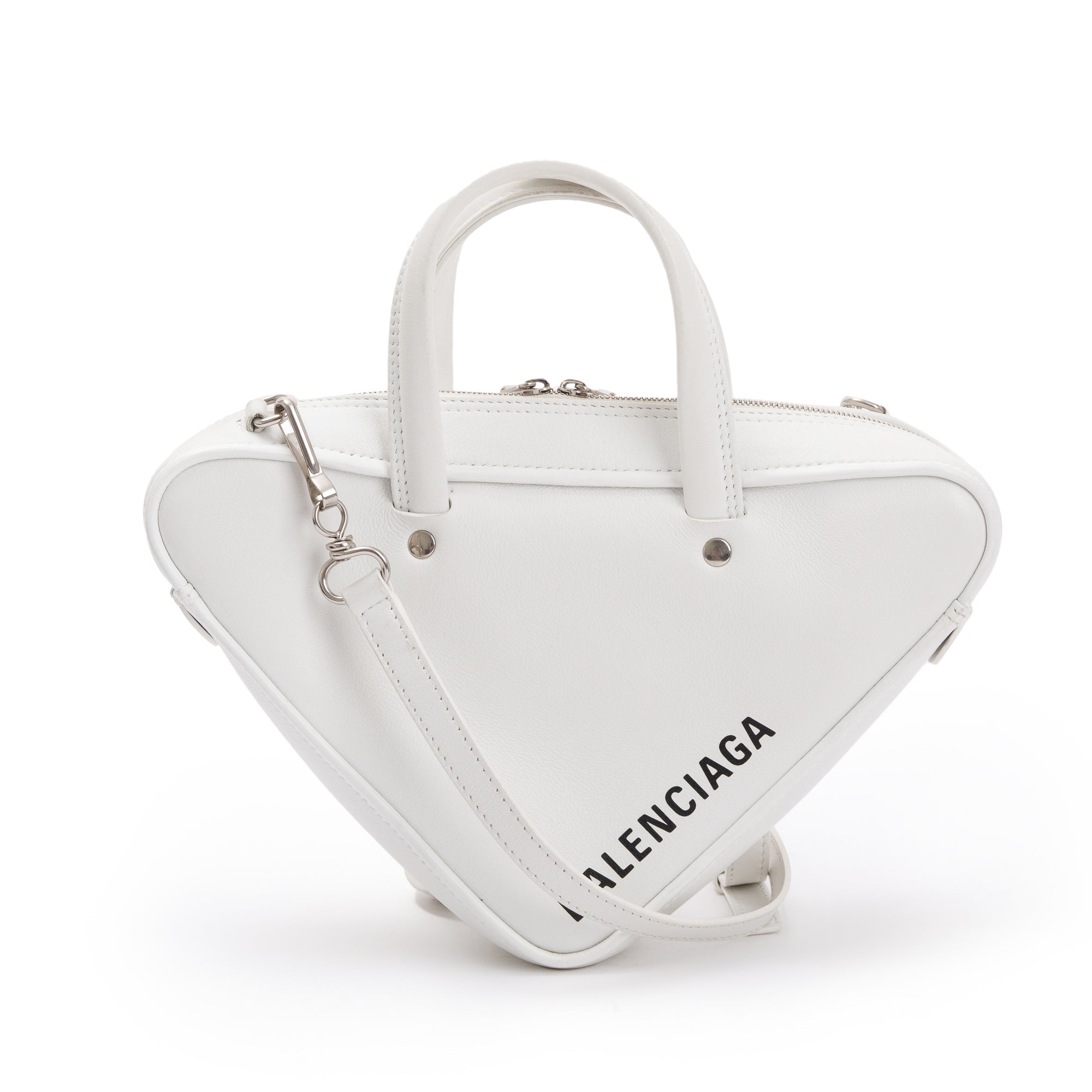 Balenciaga 2020 White Calfskin Leather Triangle S Duffle Bag w/ Strap & Receipt