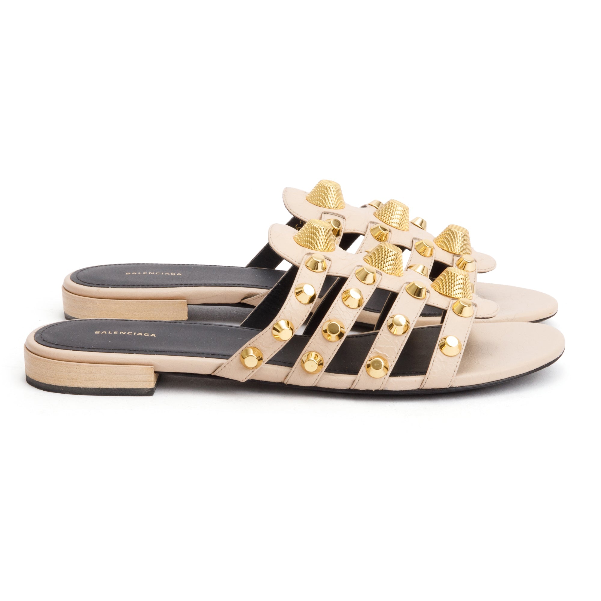 Balenciaga Beige Arena Leather Classic Stud Slide Sandals, Size 40 w/ Box