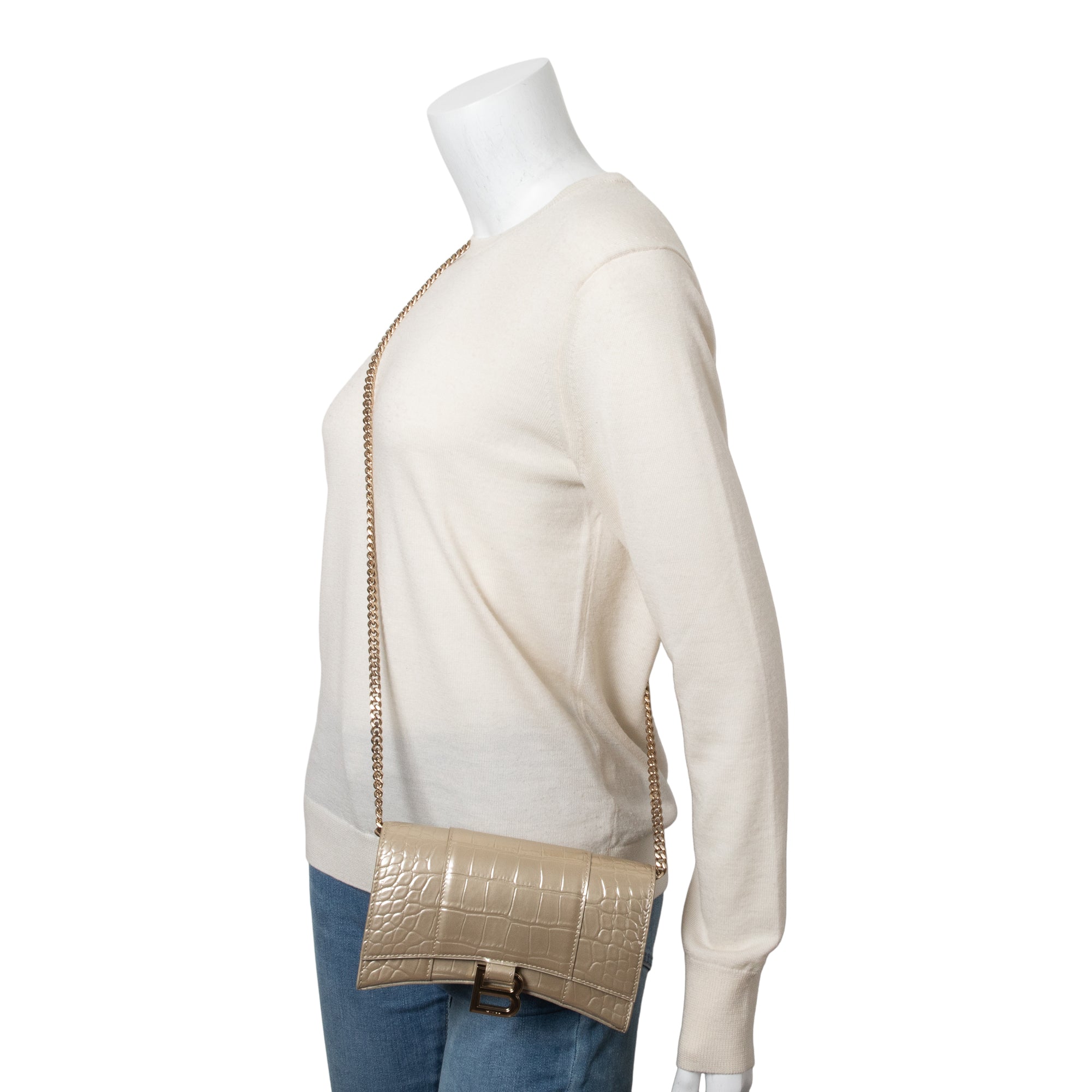 Balenciaga Beige Croc Embossed Hourglass Wallet on Chain