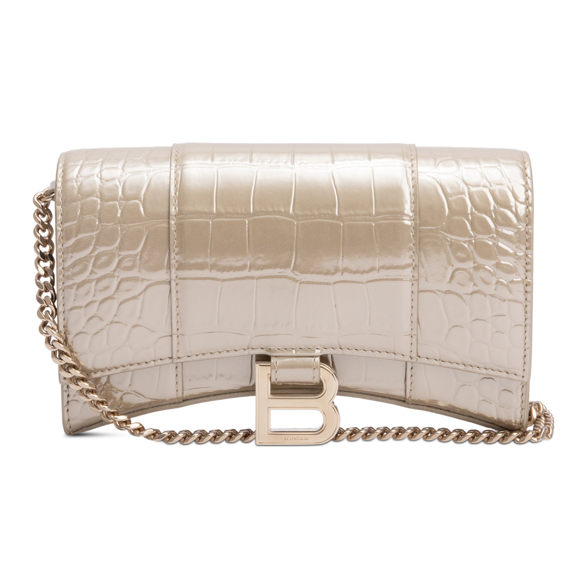 Balenciaga Beige Croc Embossed Hourglass Wallet on Chain