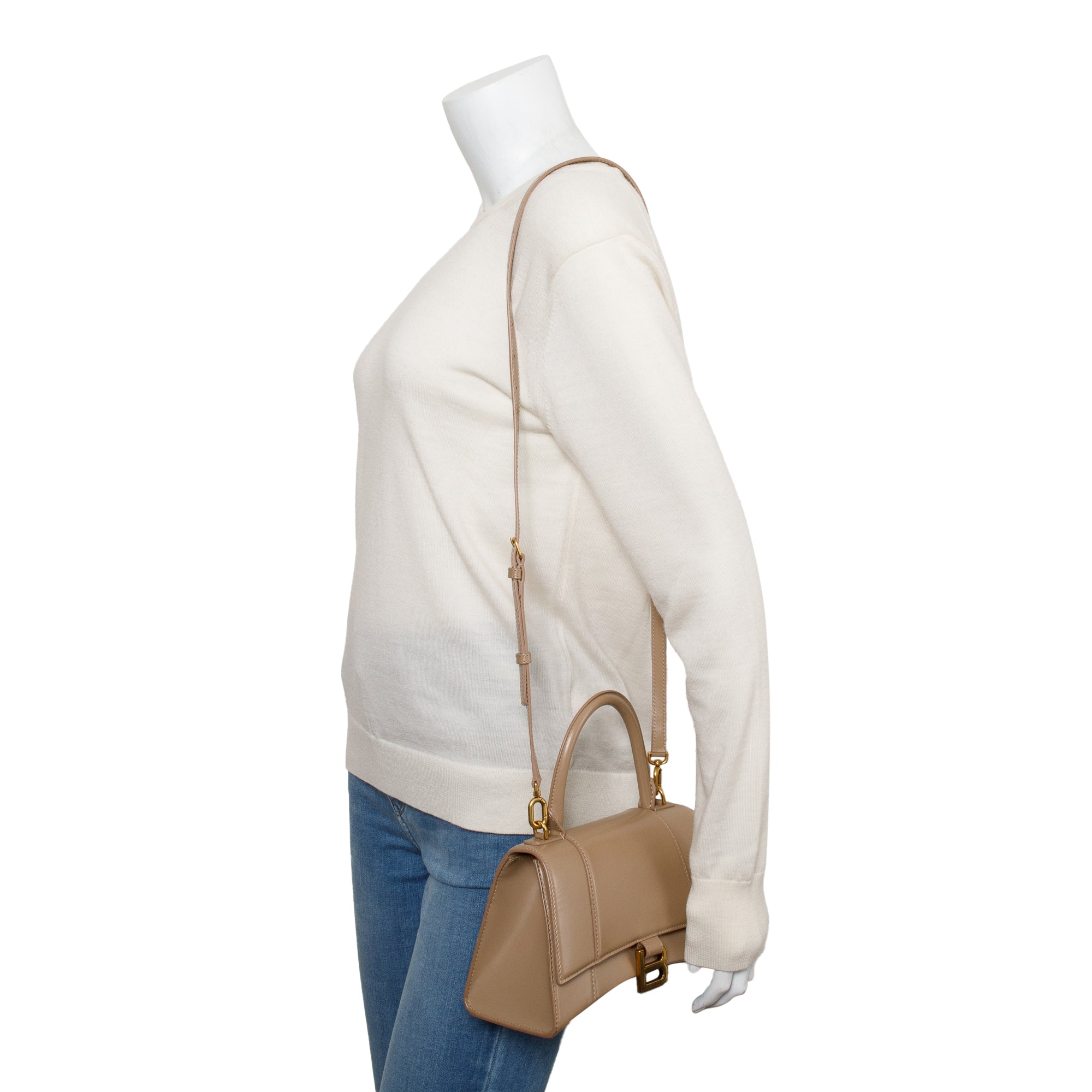 Balenciaga Beige Leather Small Hourglass Top Handle Bag w/ Strap