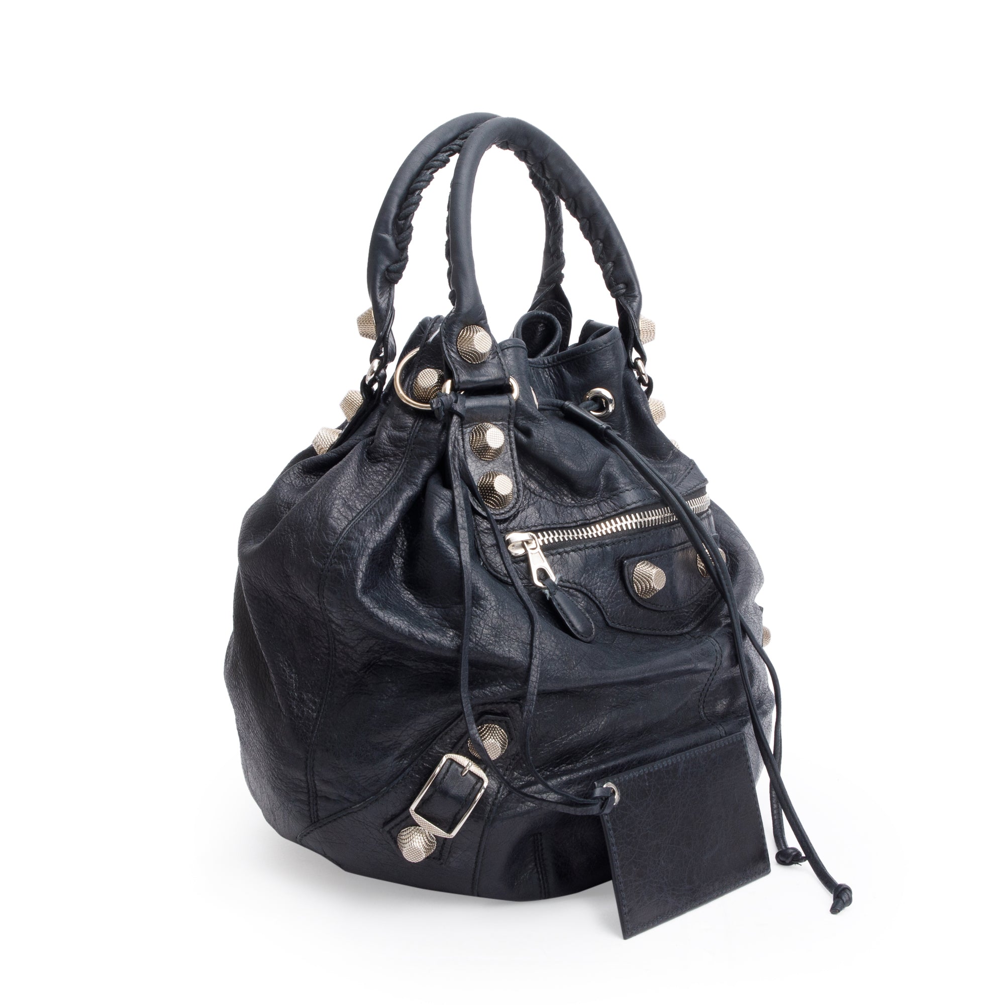 Balenciaga Black Agneau Leather Motocross Giant 12 Large Pom Pom Bag w/ Strap