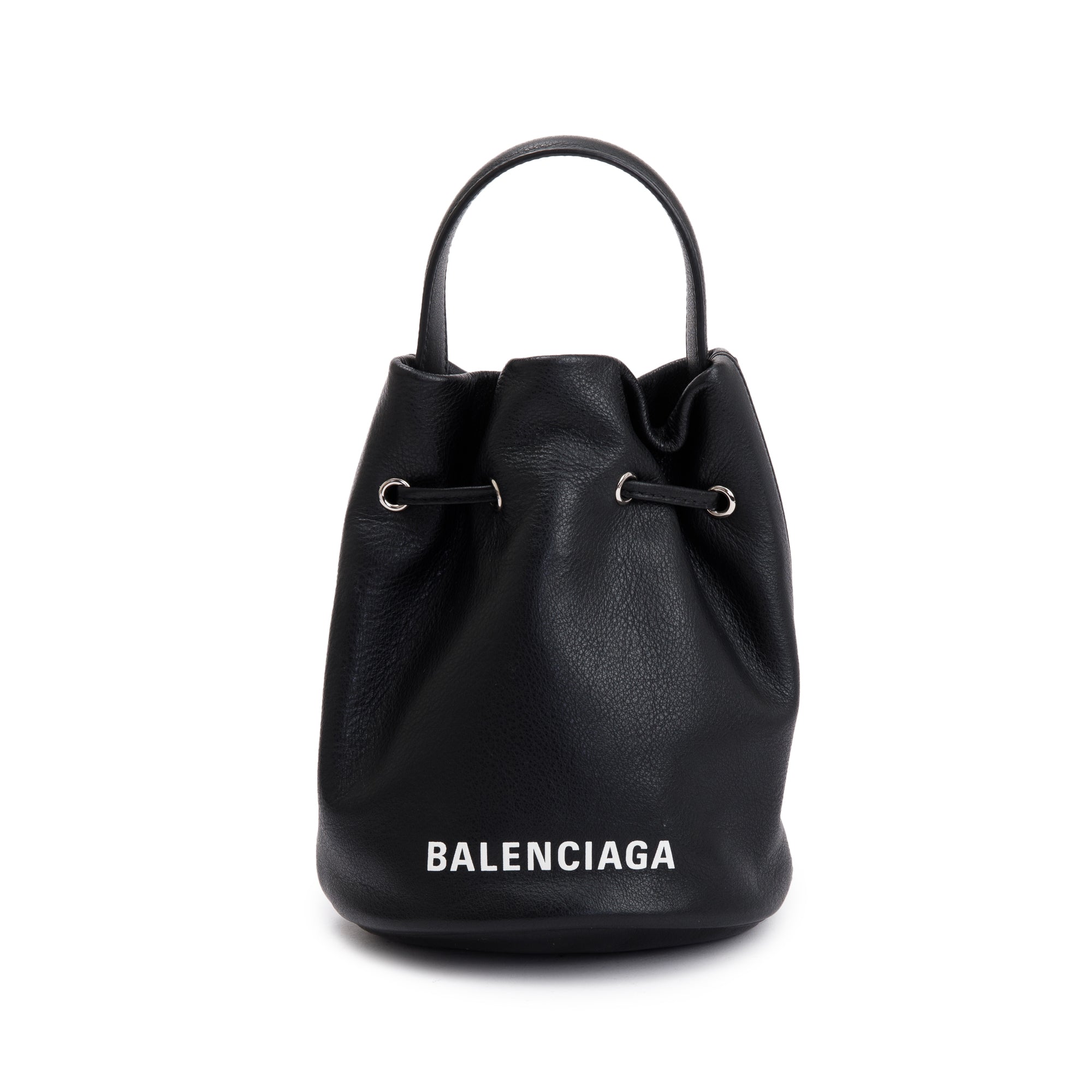 Balenciaga Black Calfskin Leather Everyday XS Drawstring Bucket Bag w/ Strap