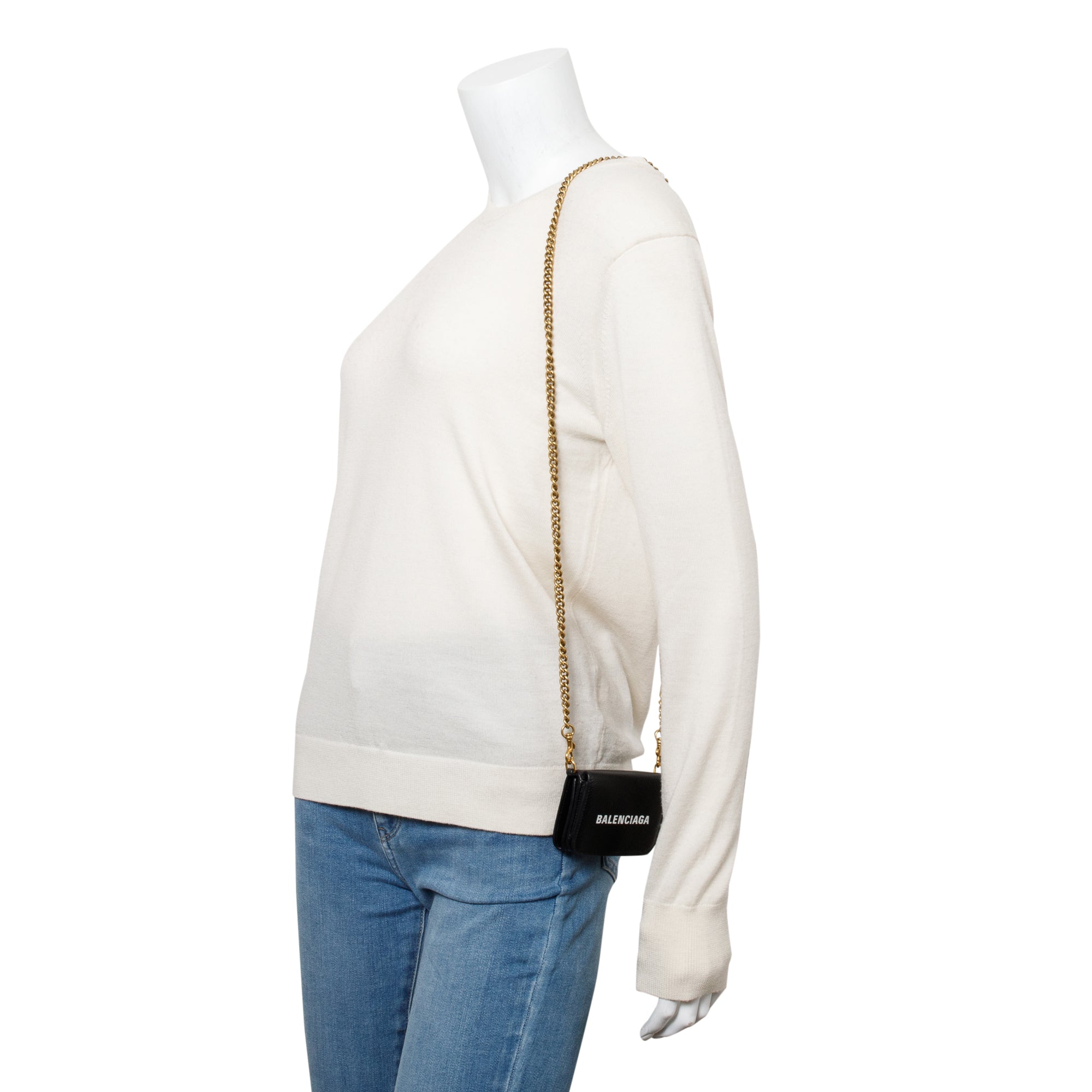 Balenciaga Black Calfskin Leather Logo Mini Cash Mini Wallet On Chain