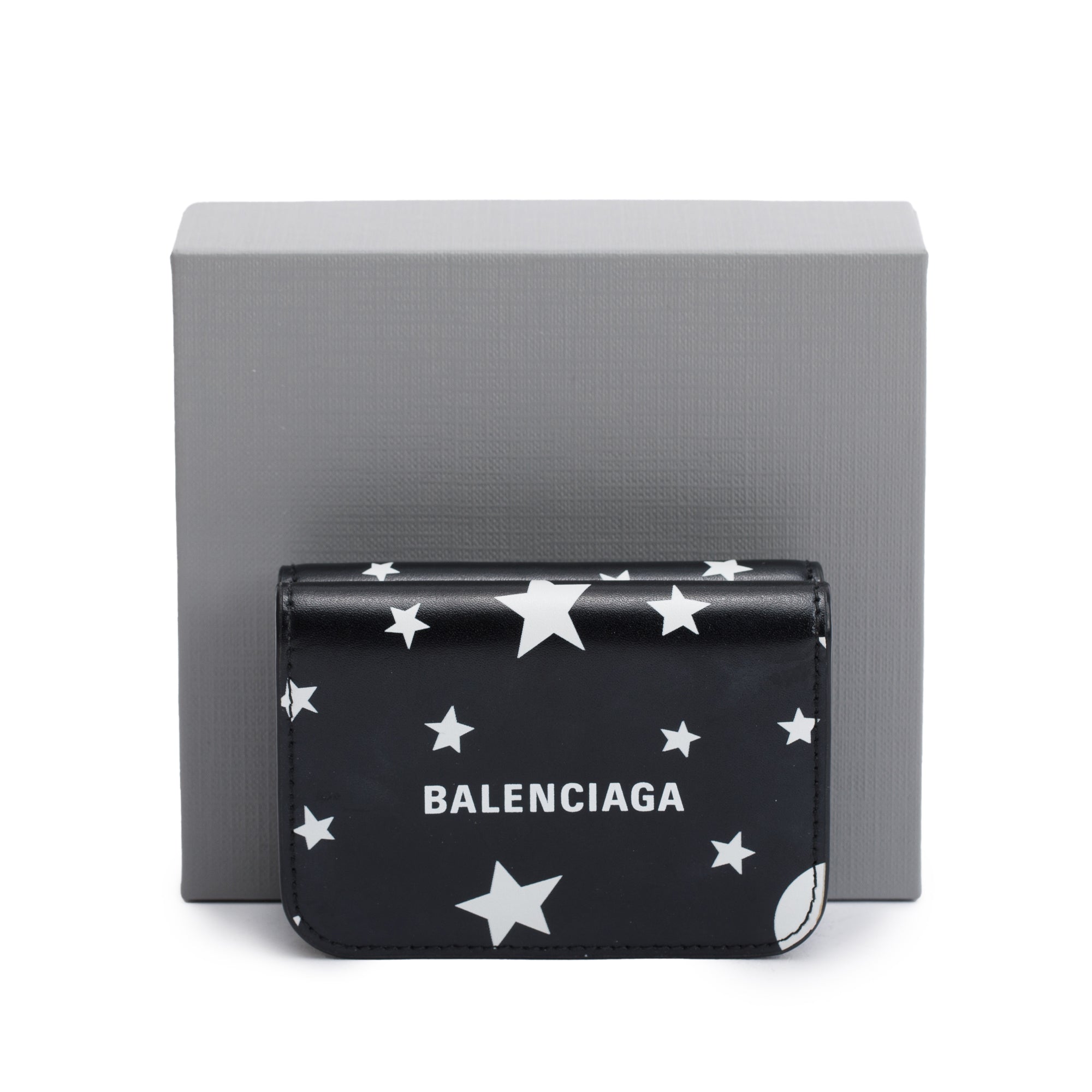 Balenciaga Black Calfskin Leather Logo Star Everyday Mini Compact Wallet w/ Box