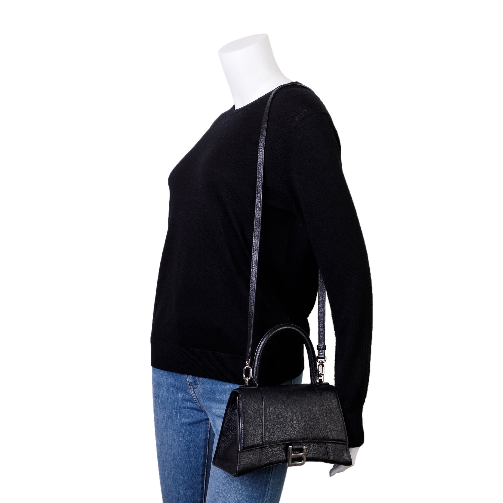 Balenciaga Black Calfskin Leather Small Hourglass Top Handle Bag w/ Strap