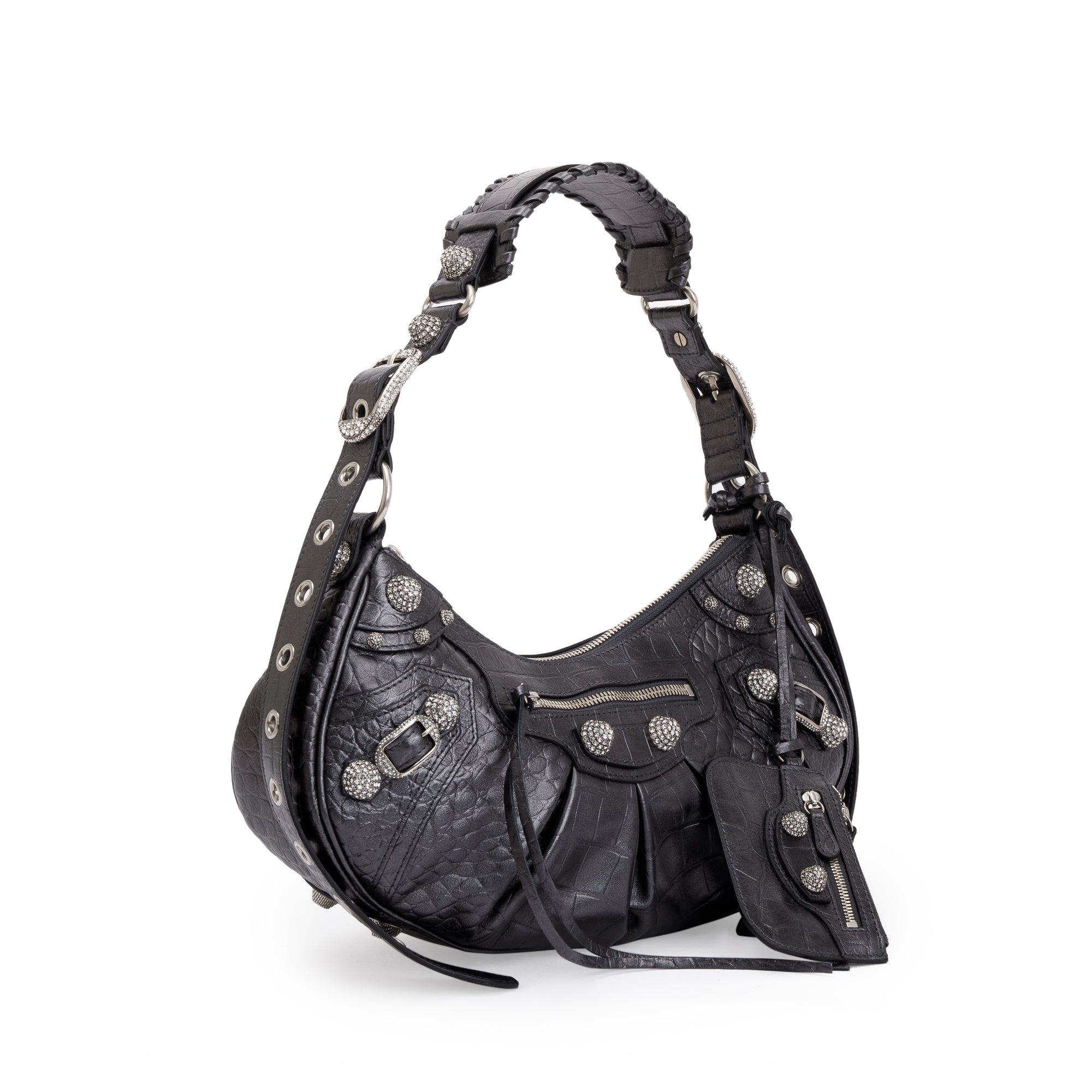 Balenciaga Black Croc-Embossed Arena Leather Rhinestones Le Cagole Small Shoulder Bag