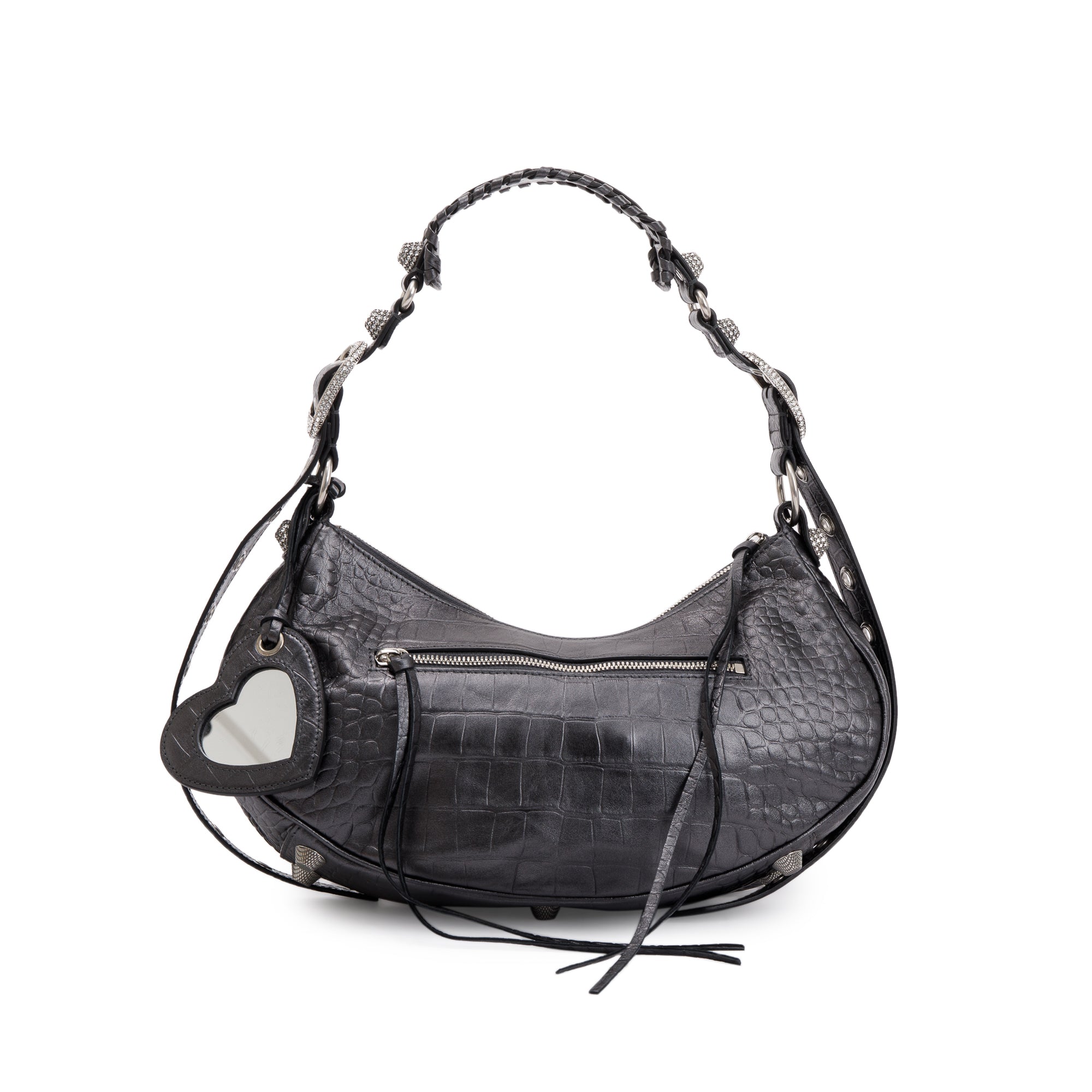 Balenciaga Black Croc-Embossed Arena Leather Rhinestones Le Cagole Small Shoulder Bag