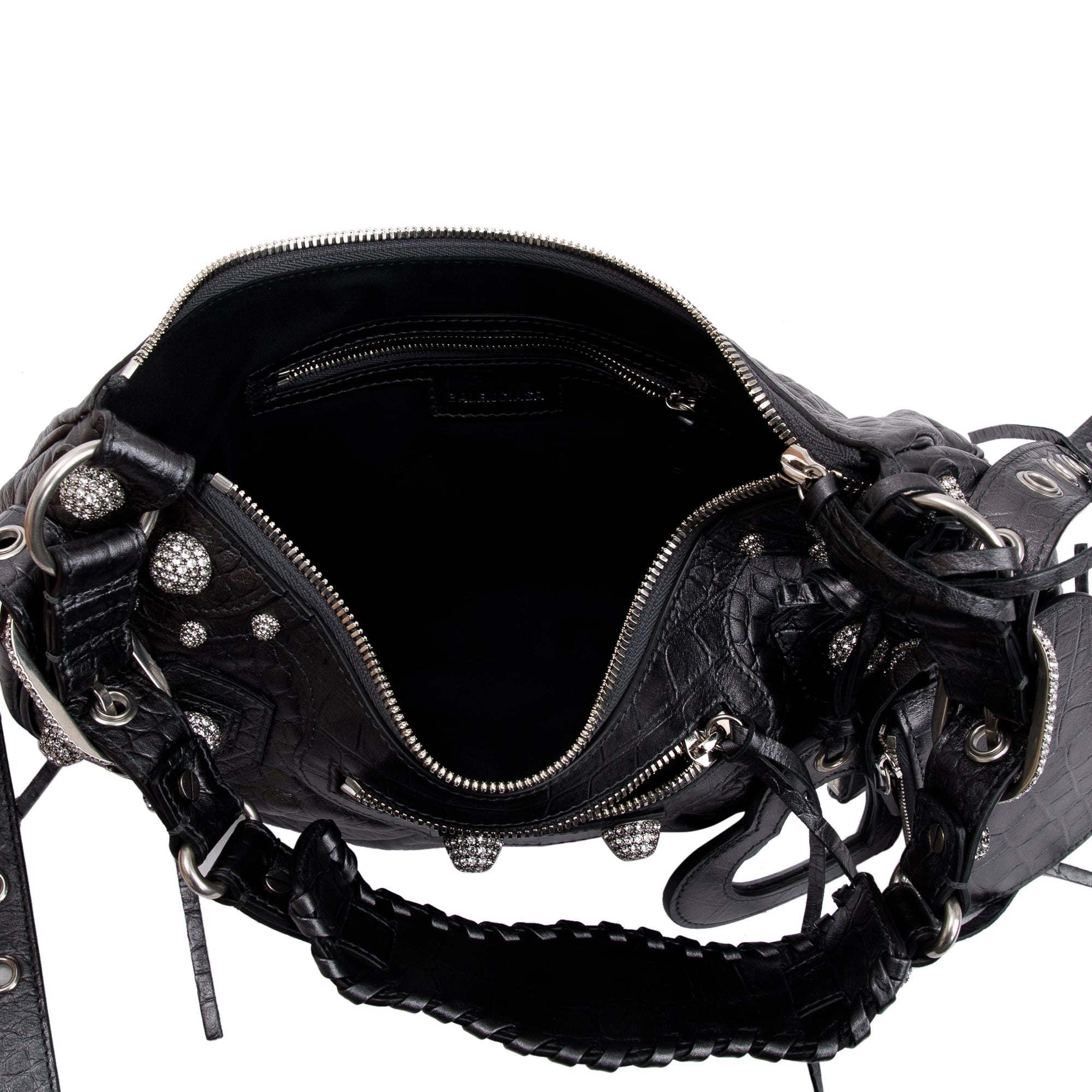 Balenciaga Black Croc-Embossed Arena Leather Rhinestones Le Cagole Small Shoulder Bag
