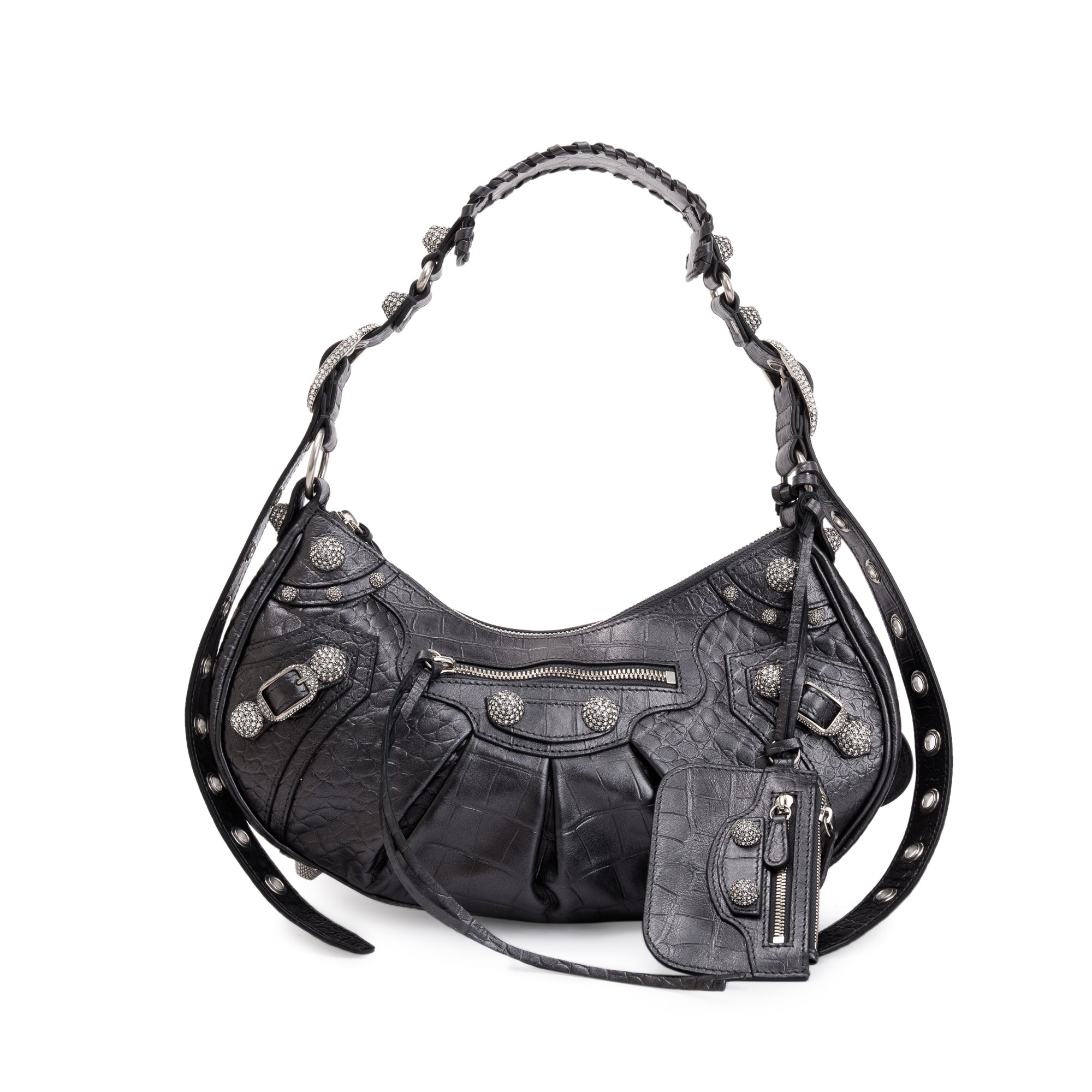 Balenciaga Black Croc-Embossed Arena Leather Rhinestones Le Cagole Small Shoulder Bag
