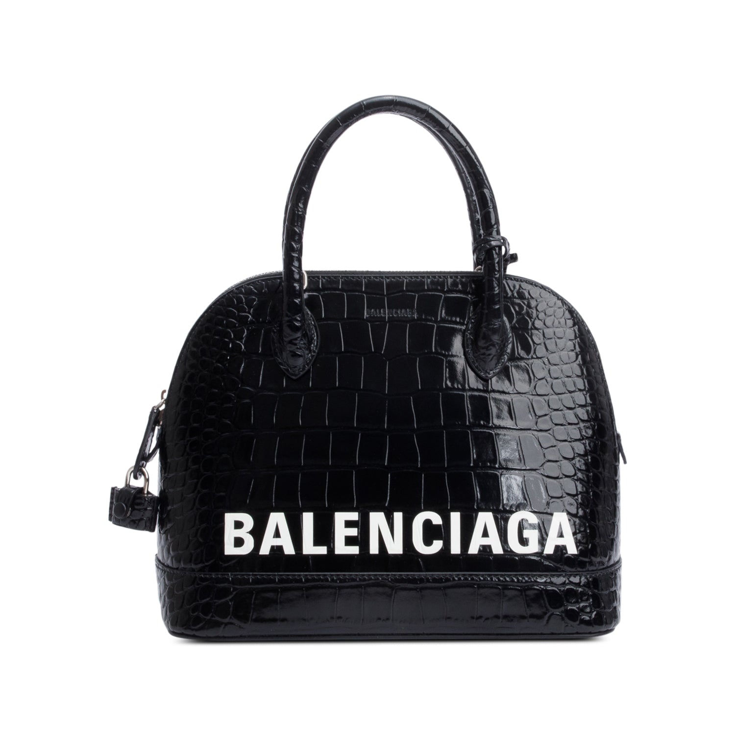 Balenciaga Black Croc-Embossed Calfskin Leather Ville S Top Handle Bag