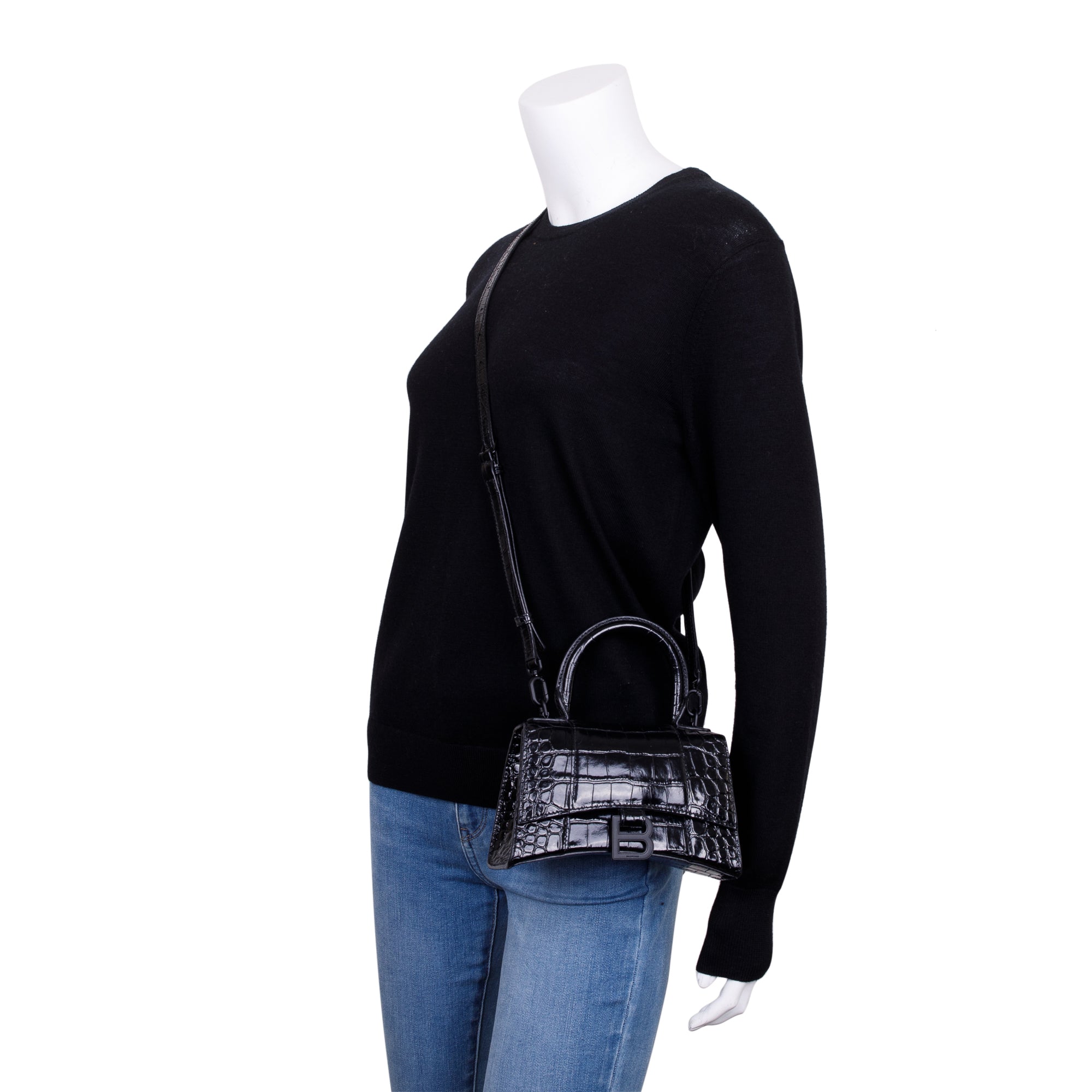 Balenciaga Black Croc-Embossed Hourglass XS Top Handle Bag