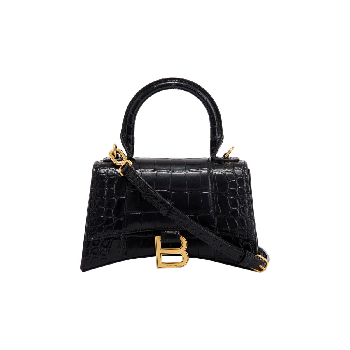 Balenciaga Black Croc-Embossed Hourglass XS Top Handle Bag w