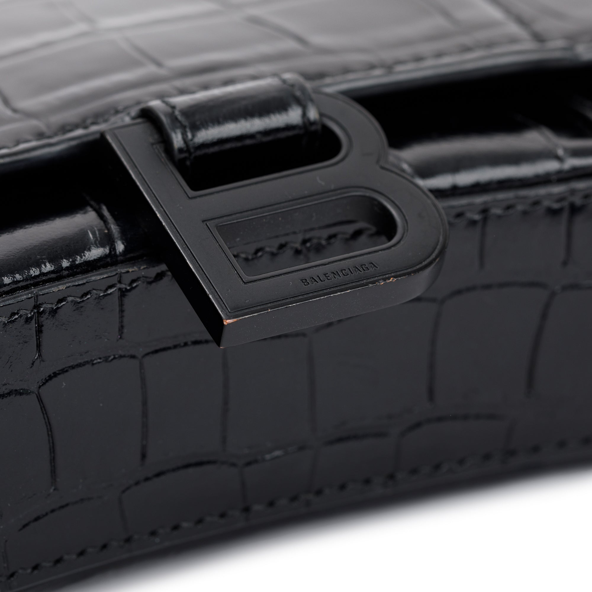 Balenciaga Black Croc-Embossed Leather Hourglass Wallet on Chain