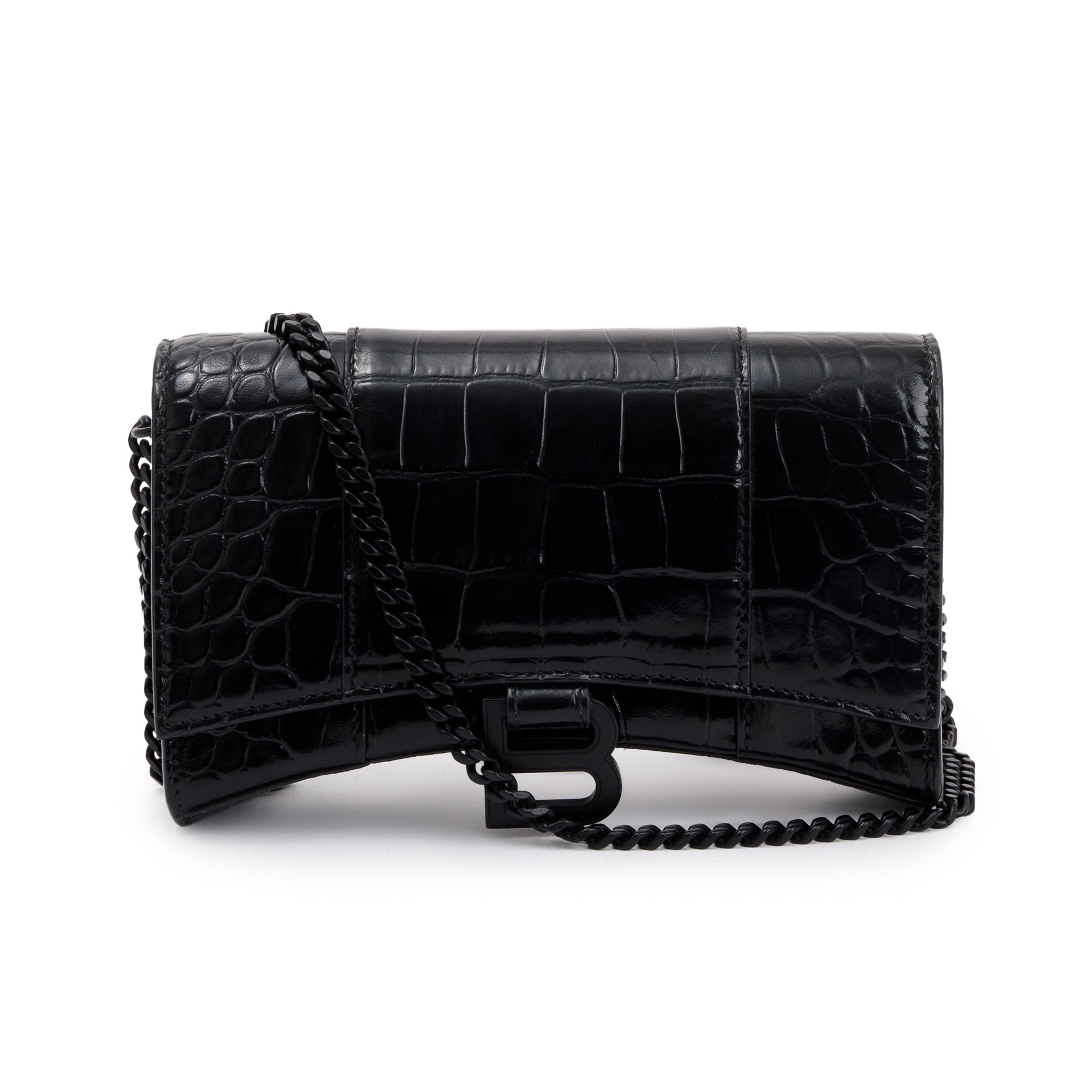 Balenciaga Black Croc-Embossed Leather Hourglass Wallet on Chain
