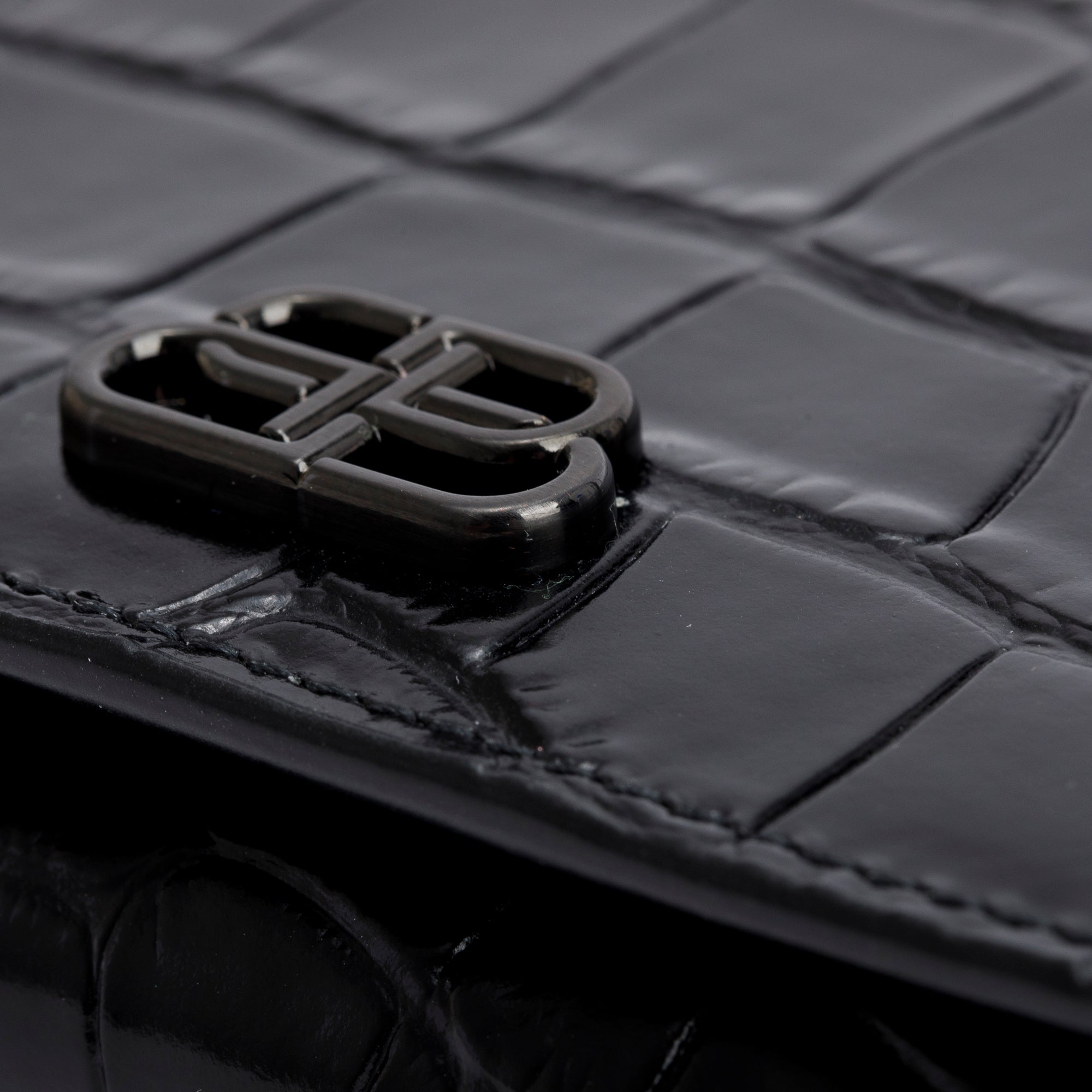 Balenciaga Black Croc-Embossed Leather Phone Holder Wallet on Chain w/ Box