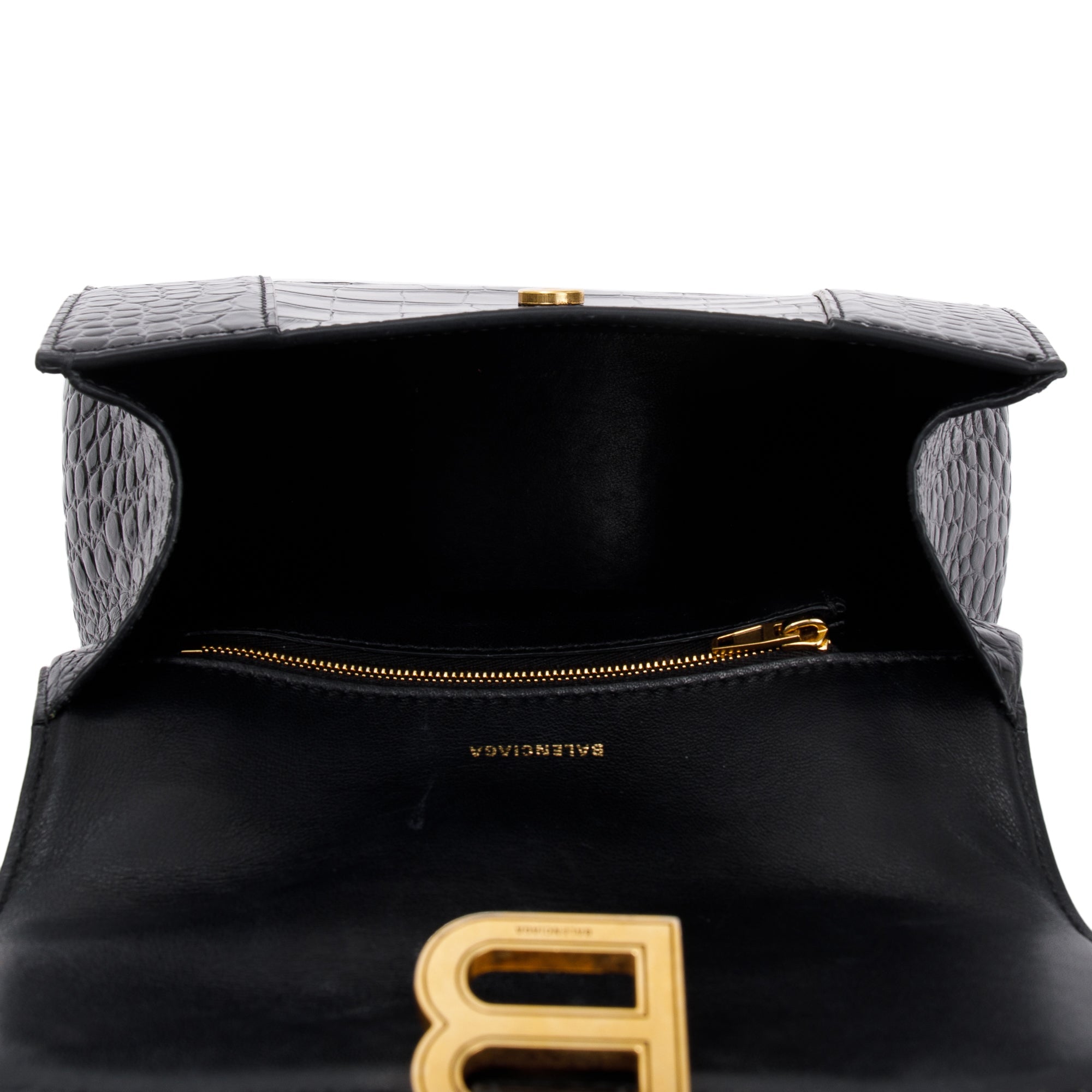 Balenciaga Black Croc-Embossed Leather Small Hourglass Top Handle Bag w/ Strap