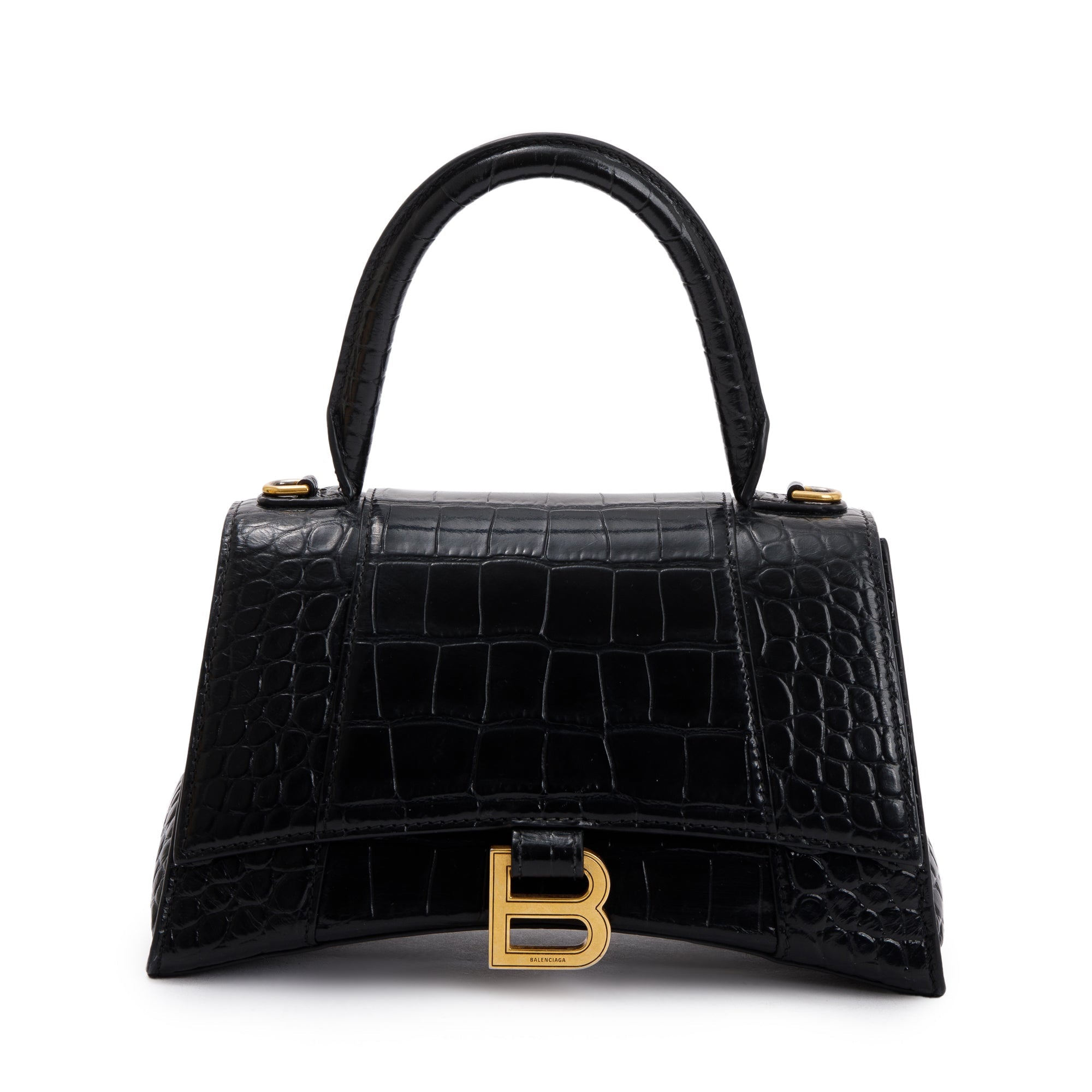 Balenciaga Black Croc-Embossed Leather Small Hourglass Top Handle Bag w/ Strap