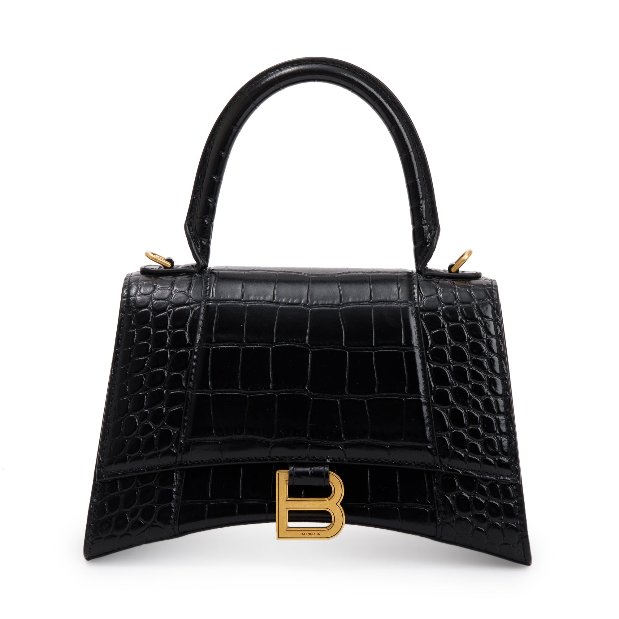 Balenciaga Black Croc-Embossed Leather Small Hourglass Top Handle Bag w/ Strap