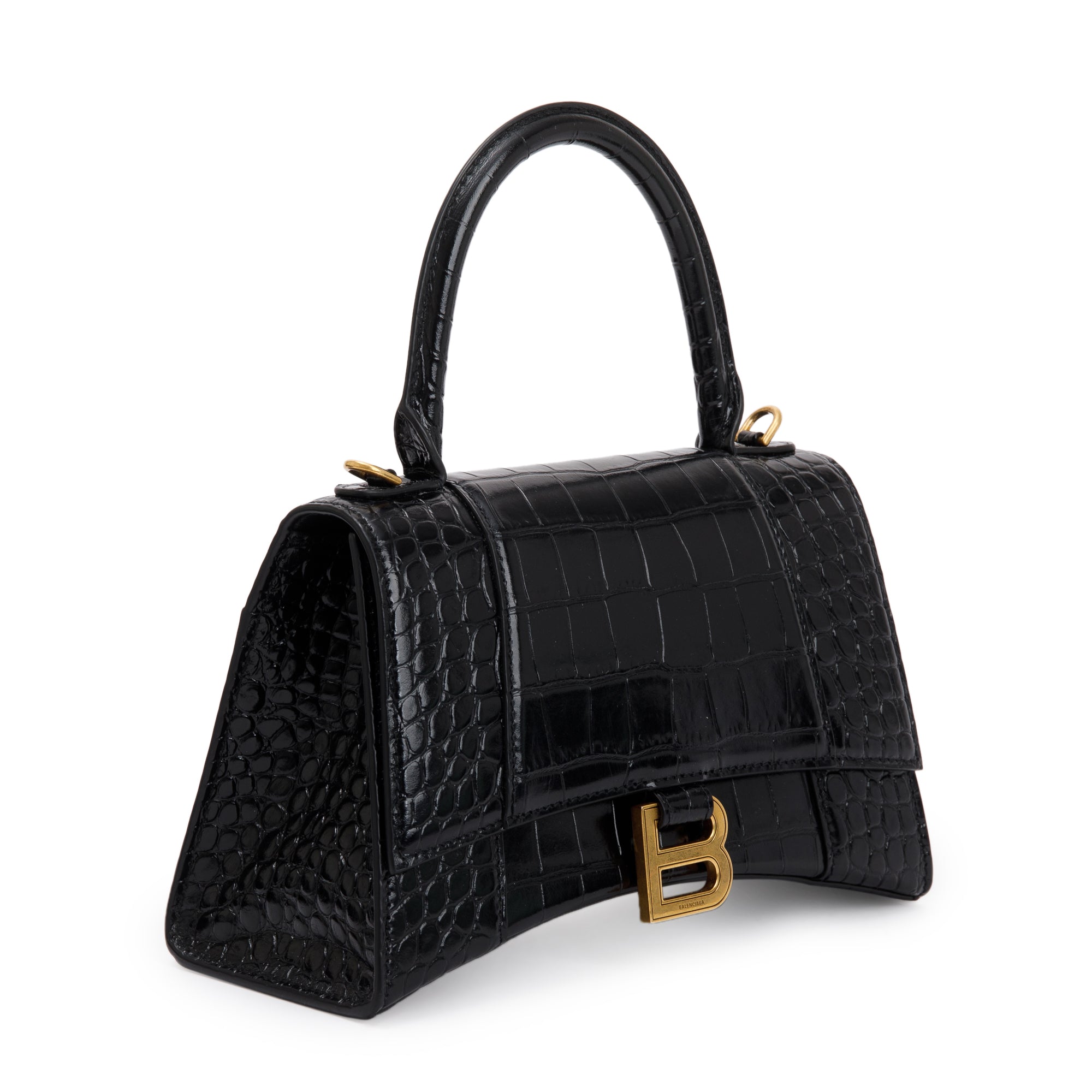 Balenciaga Black Croc-Embossed Leather Small Hourglass Top Handle Bag w/ Strap