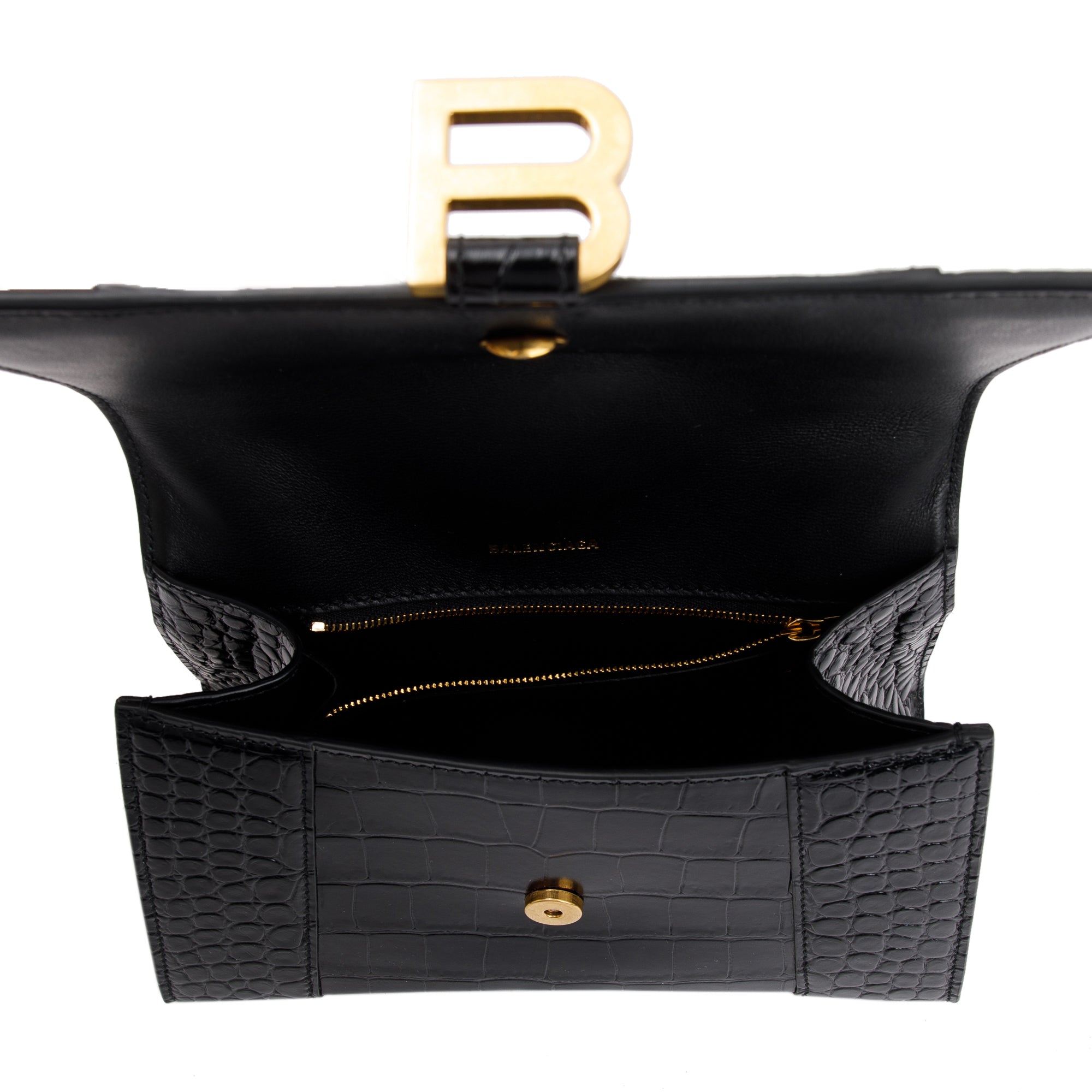 Balenciaga Black Croc-Embossed Leather Small Hourglass Top Handle Bag w/ Strap