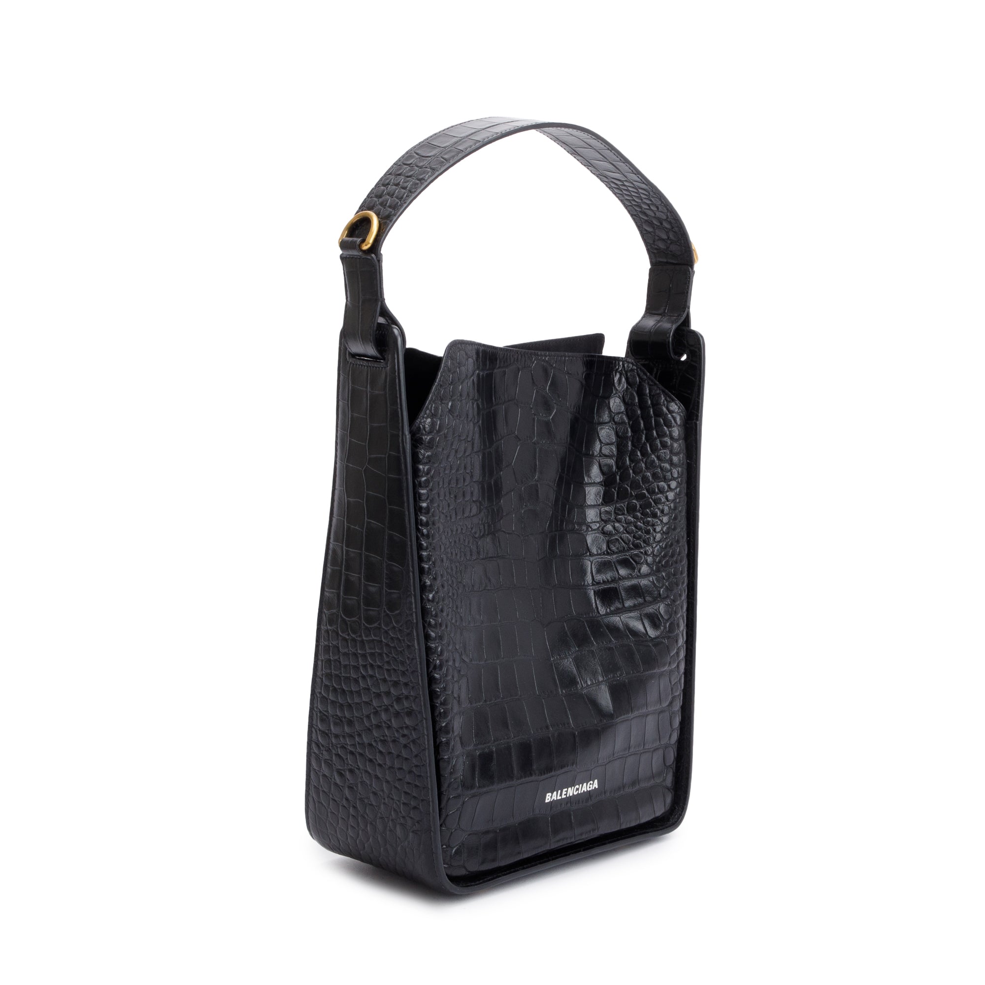 Balenciaga Black Croc-Embossed Leather Tool 2.0 Small N/S Tote w/ Strap & Box