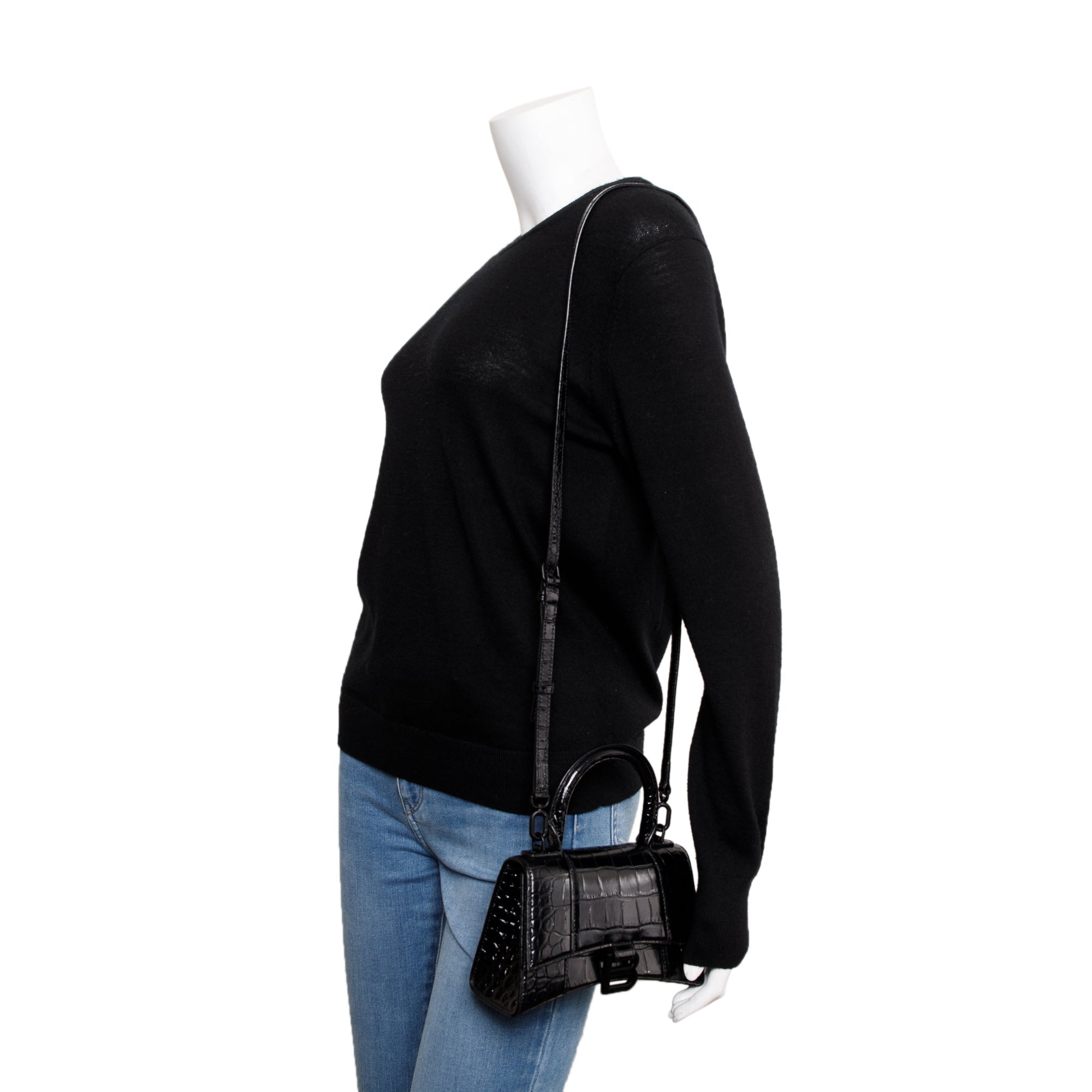 Balenciaga Black Croc-Embossed Leather XS Hourglass Top Handle Bag w/ Strap