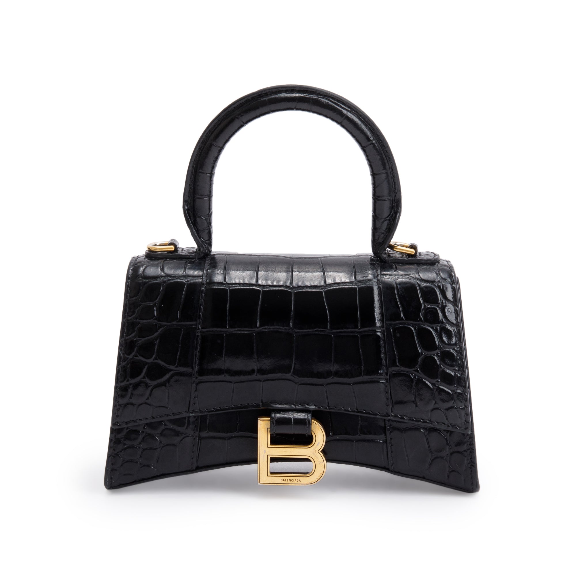 Balenciaga Black Croc-Embossed Leather XS Hourglass Top Handle Bag w/ Strap
