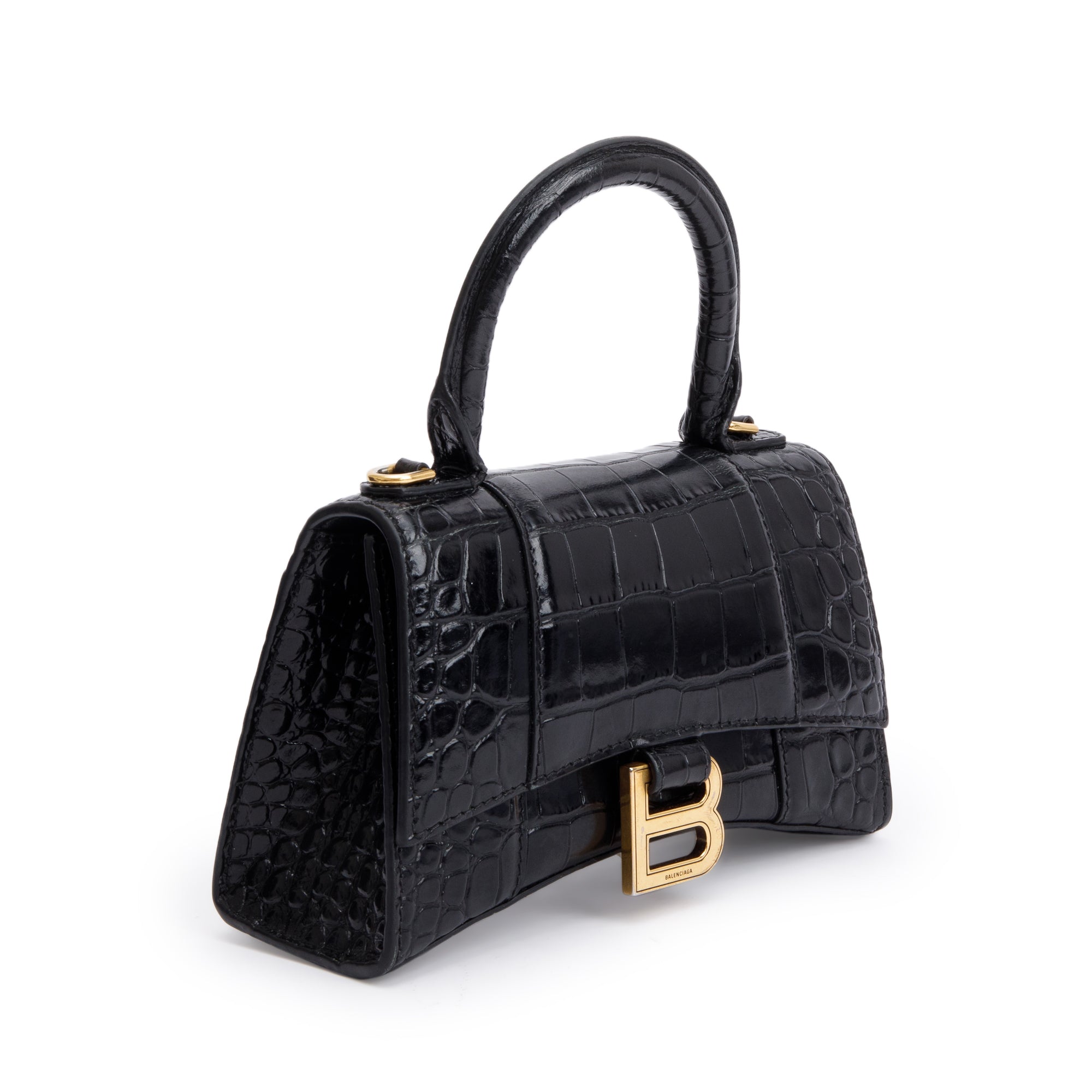 Balenciaga Black Croc-Embossed Leather XS Hourglass Top Handle Bag w/ Strap