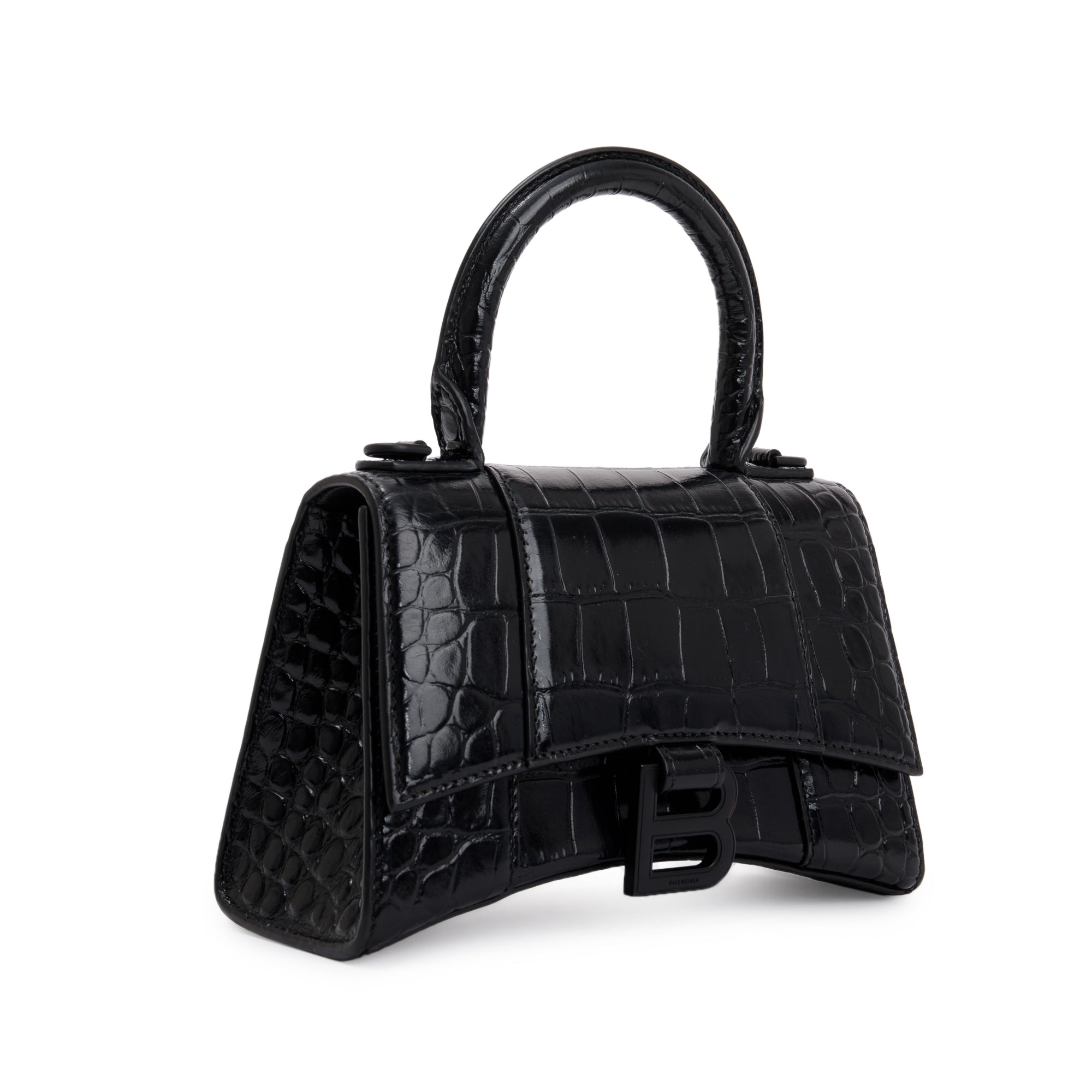 Balenciaga Black Croc-Embossed Leather XS Hourglass Top Handle Bag w/ Strap