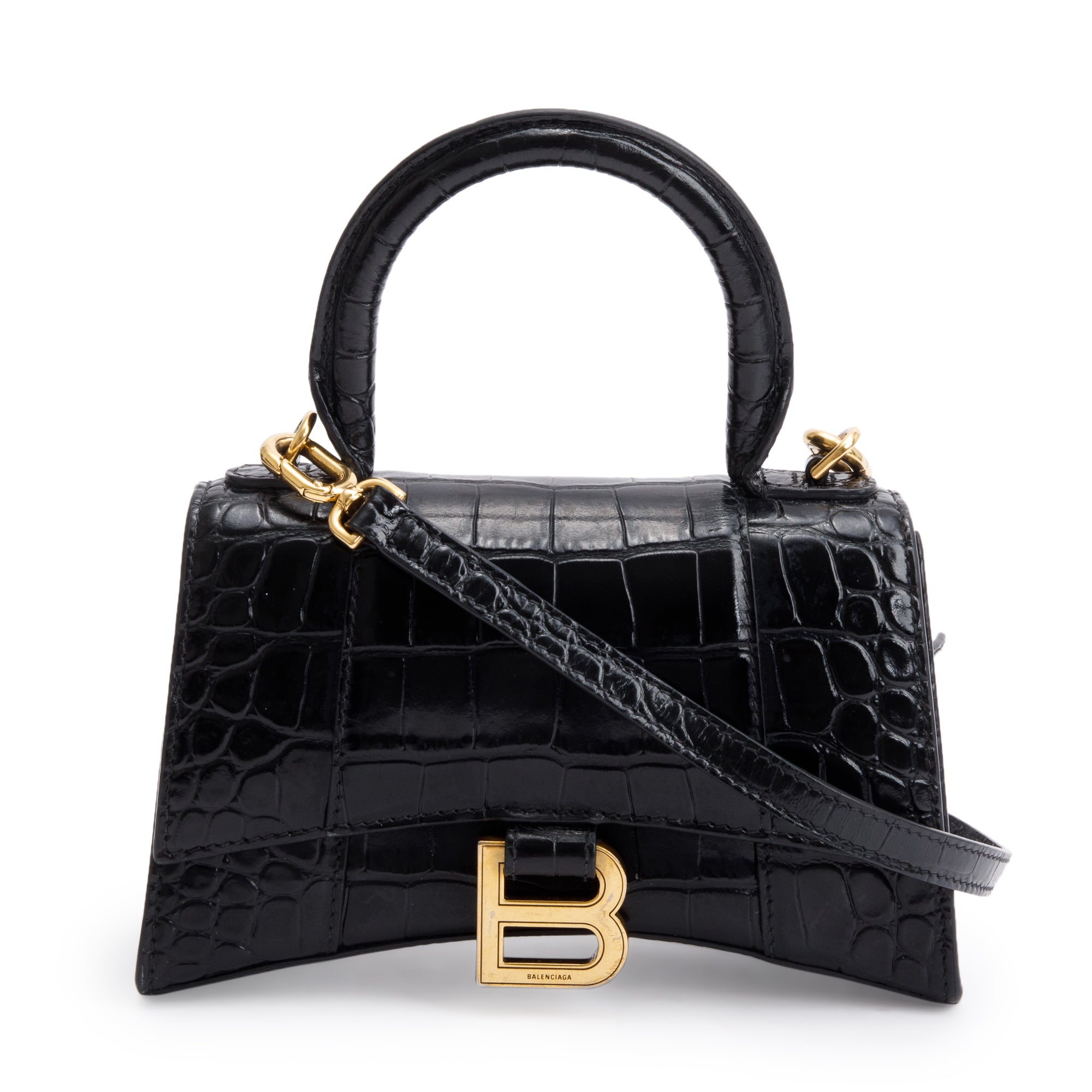 Balenciaga Black Croc-Embossed Leather XS Hourglass Top Handle Bag w/ Strap