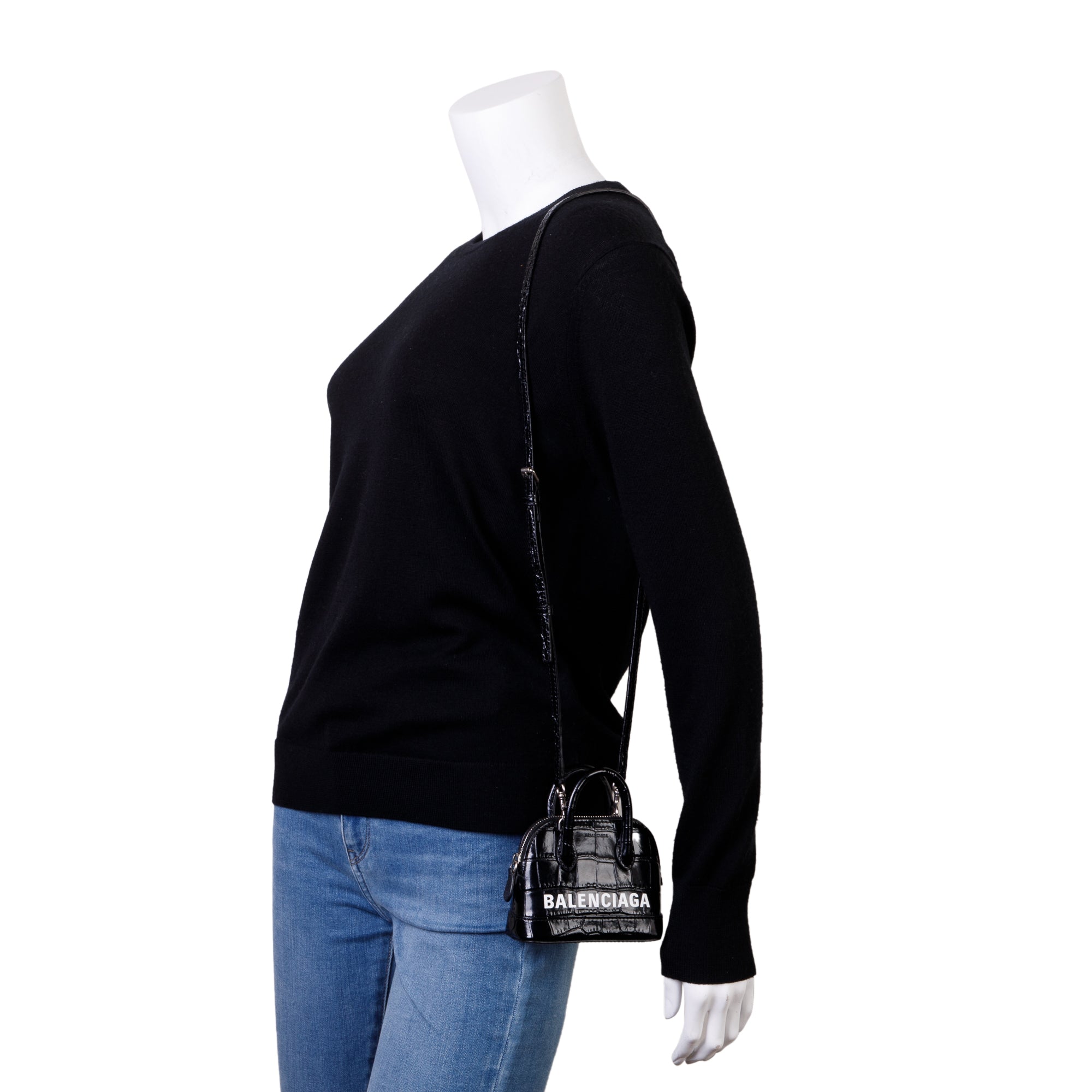 Balenciaga Black Crocodile Embossed Ville Mini Top Handle Bag w/ Strap