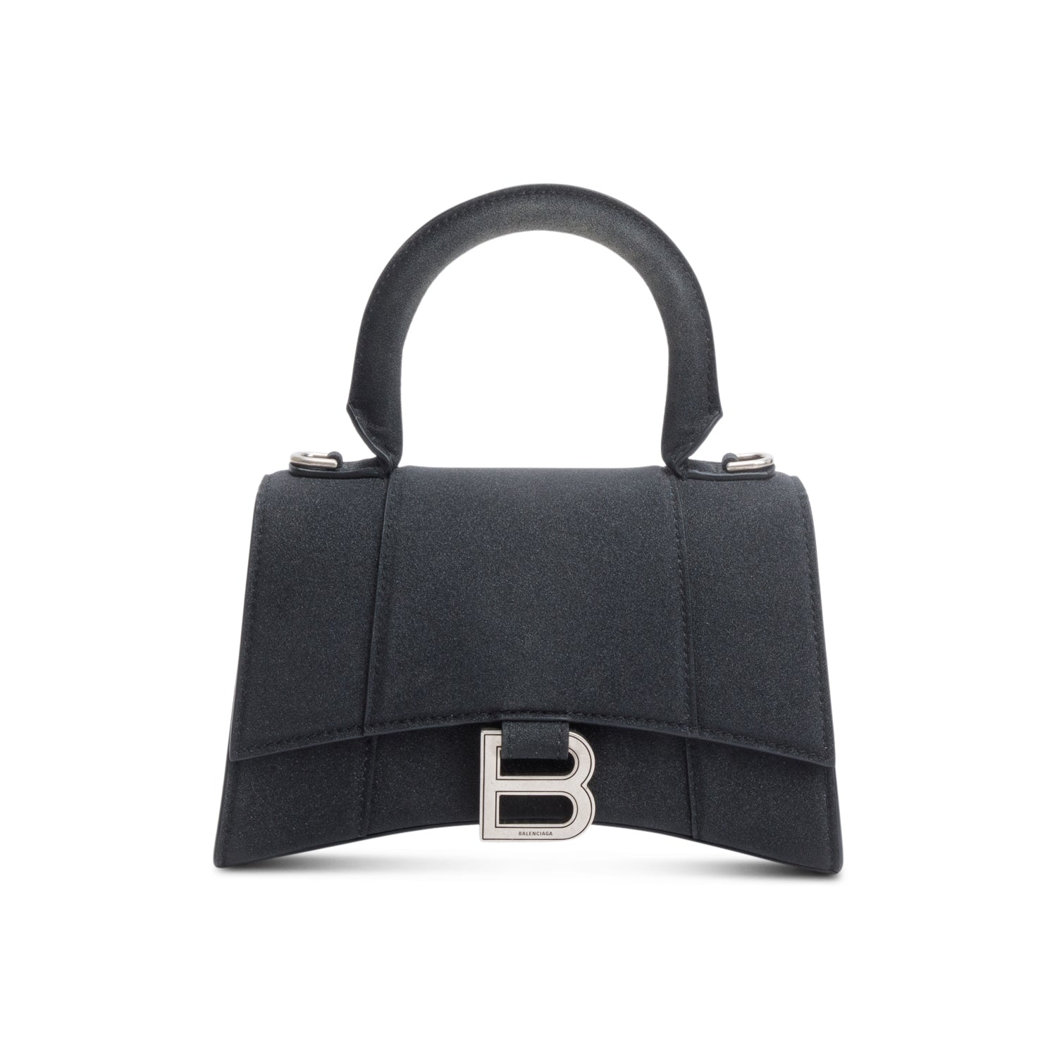 Balenciaga Black Glitter Satin XS Hourglass Top Handle Bag w/ Strap
