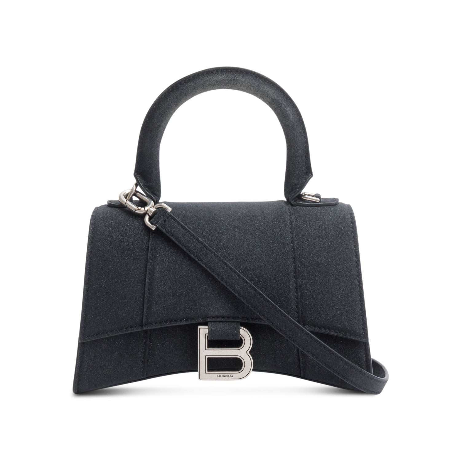 Balenciaga Black Glitter Satin XS Hourglass Top Handle Bag w/ Strap