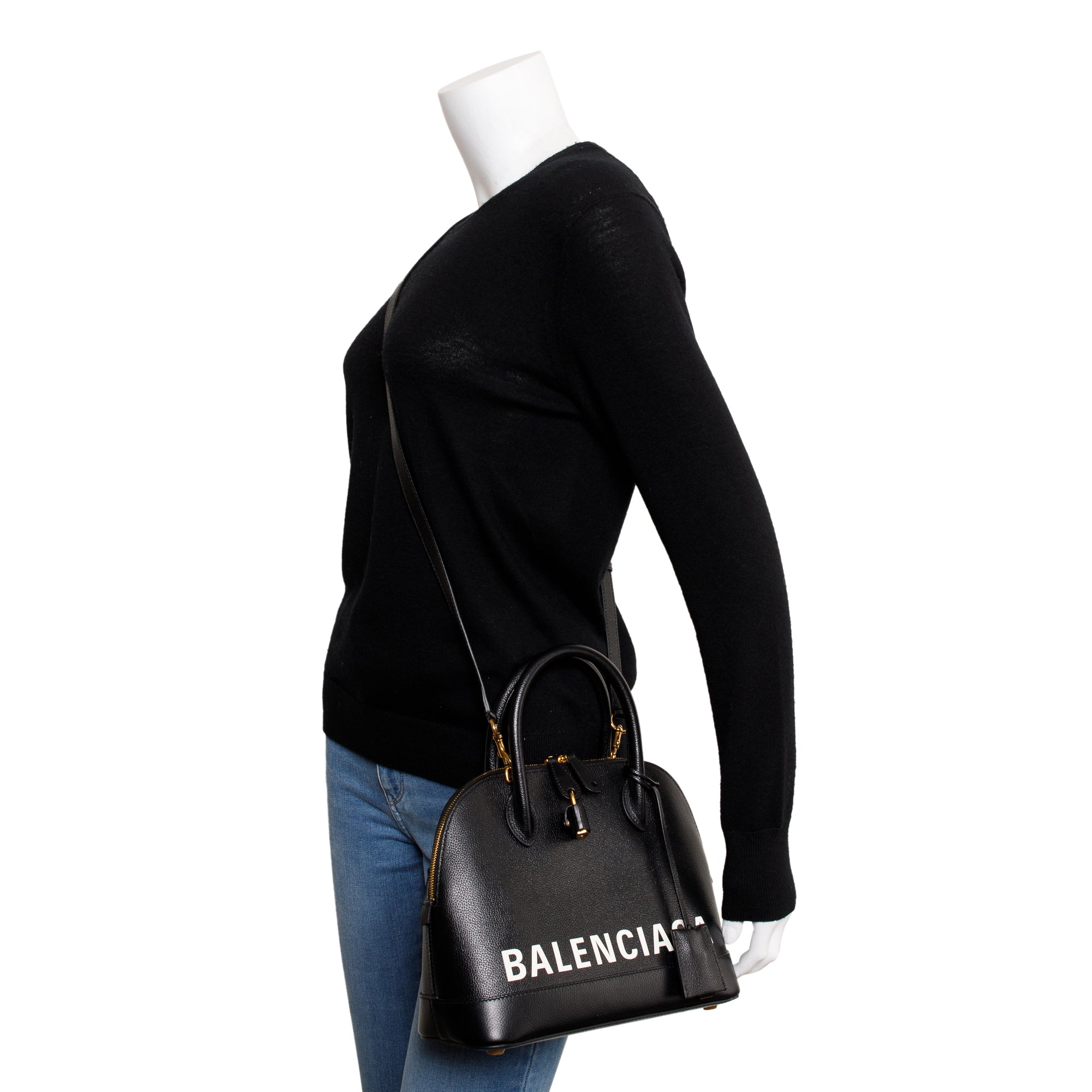 Balenciaga Black Grained Calfskin Leather Ville S Top Handle Bag w/ Strap