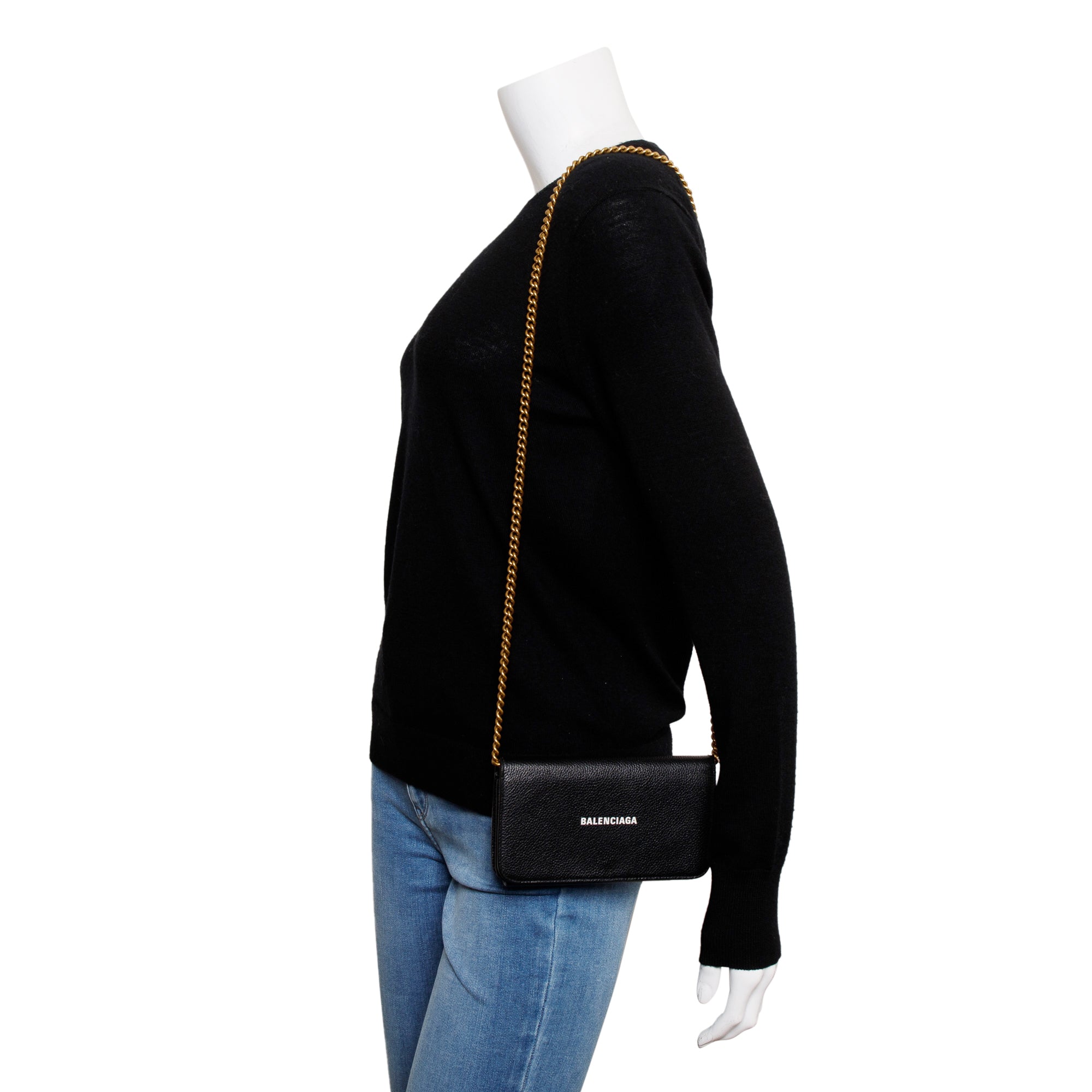 Balenciaga Black Leather Phone Holder Wallet on Chain