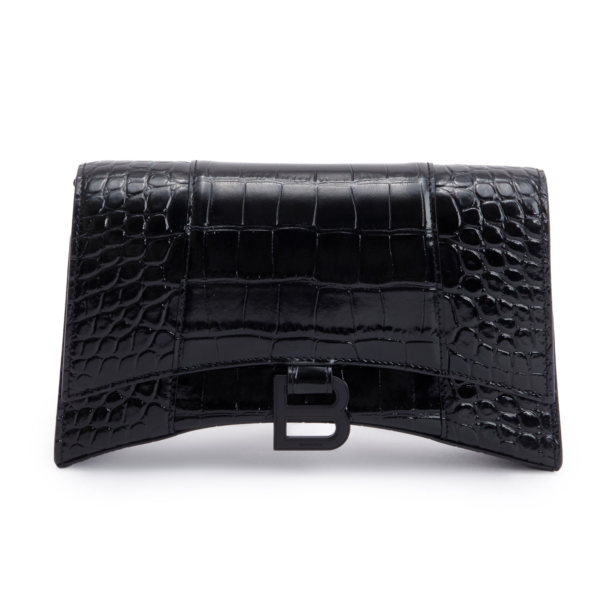 Balenciaga Black Monochrome Croc-Embossed Leather Hourglass Chain Wallet