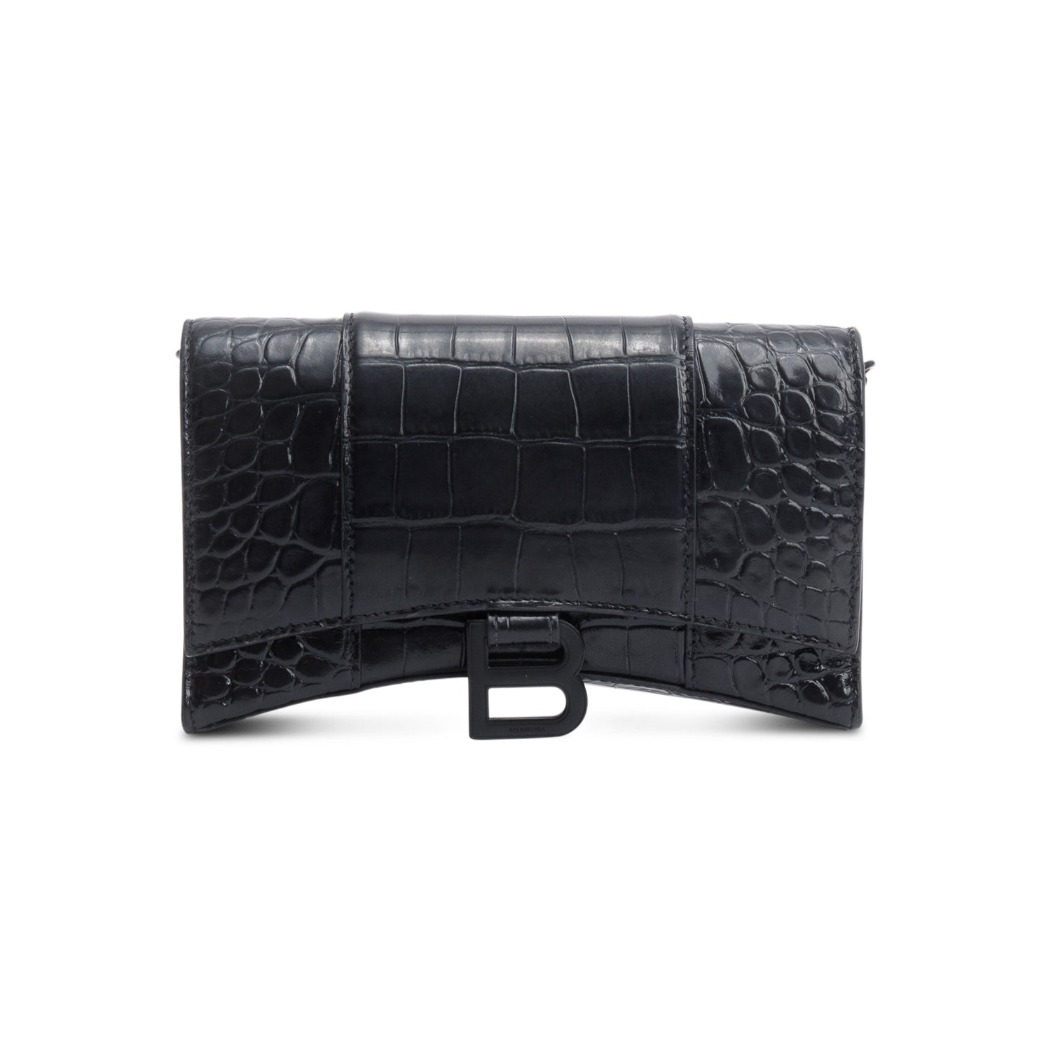 Balenciaga Black Monochrome Croc-Embossed Leather Hourglass Chain Wallet