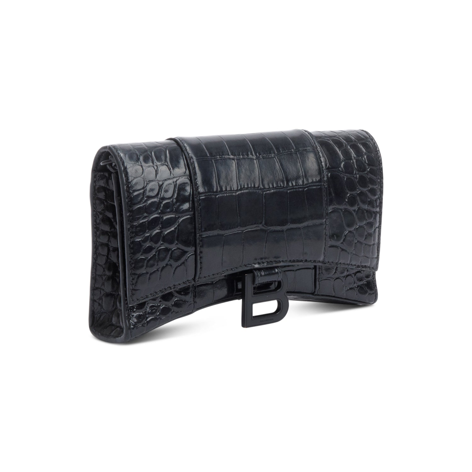Balenciaga Black Monochrome Croc-Embossed Leather Hourglass Chain Wallet
