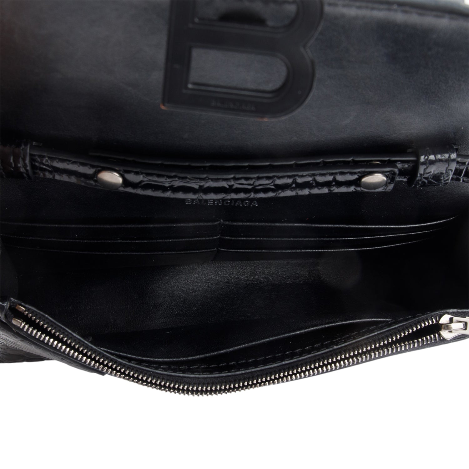 Balenciaga Black Monochrome Croc-Embossed Leather Hourglass Chain Wallet