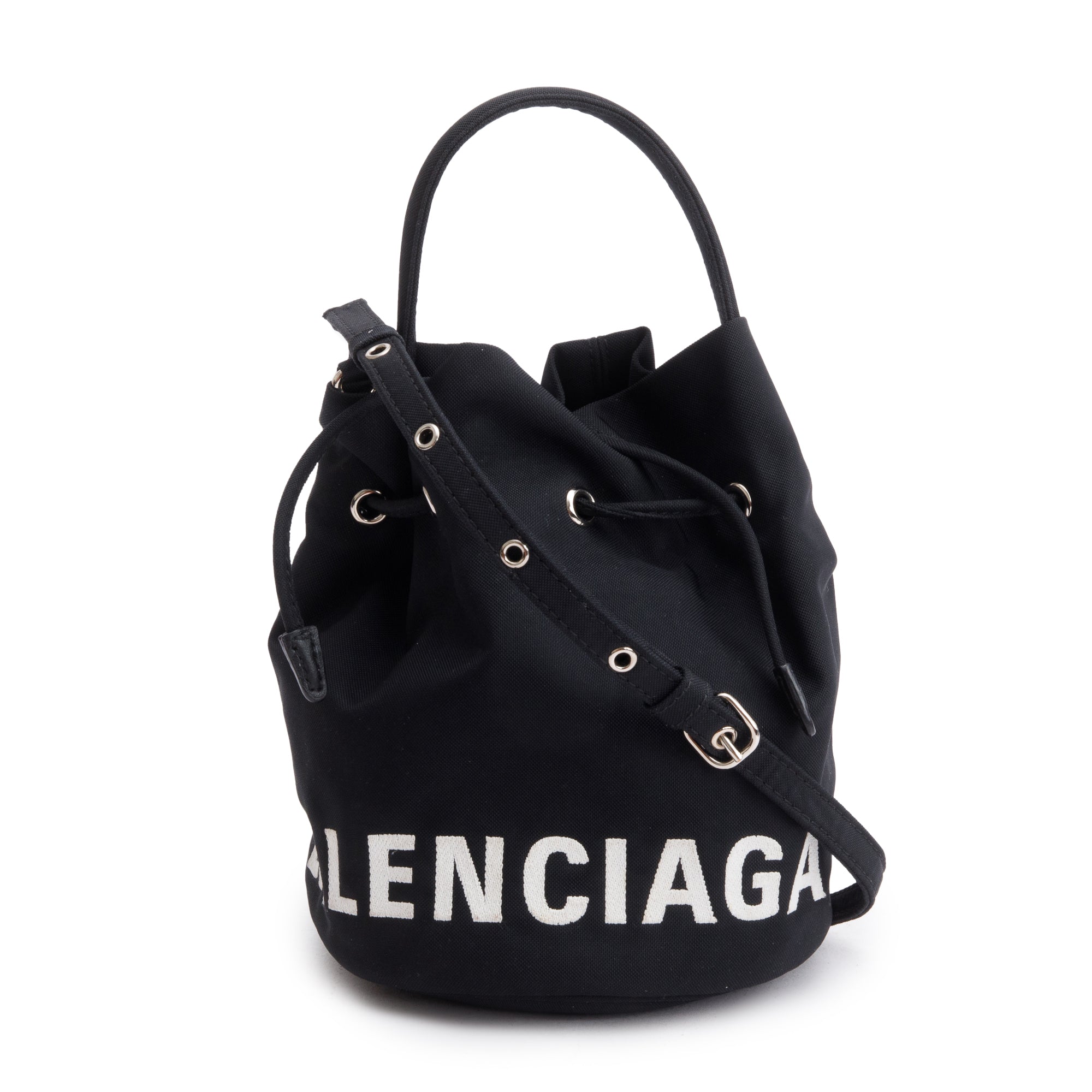 Balenciaga Black Nylon Wheel XS Drawstring Bucket Bag w/ Strap